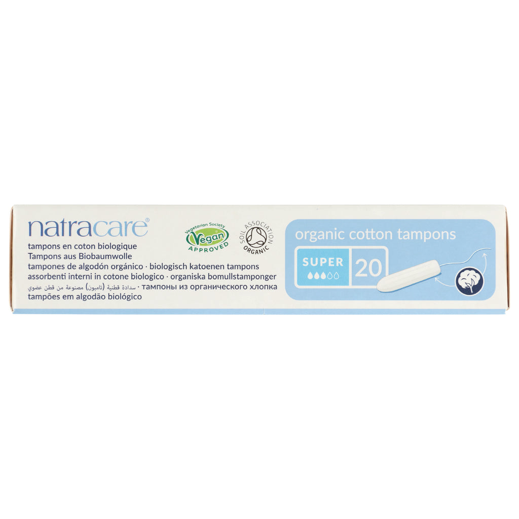 NCR002 | natracare organic cotton tampons super 20 box showing vegan and organic logos - Thumbnail