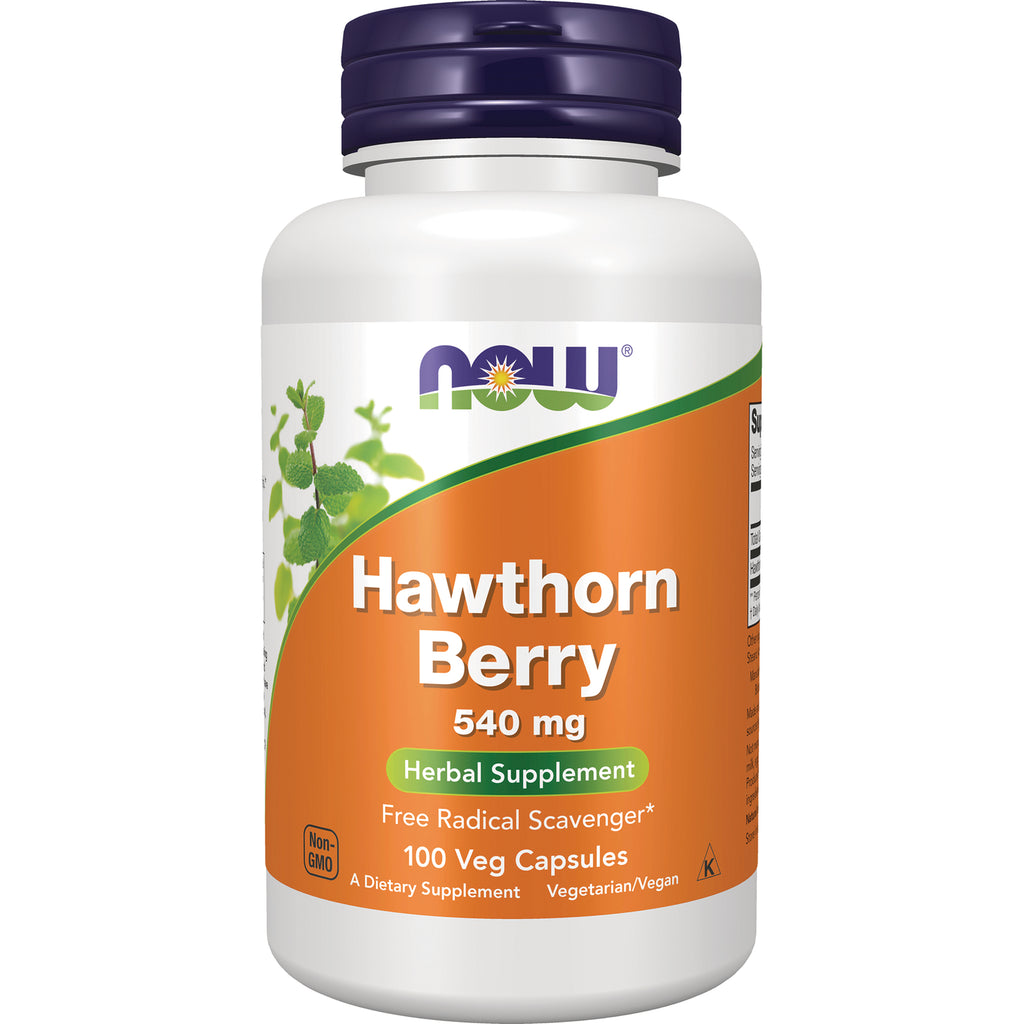 NWF550 | NOW Hawthorn Berry 540 mg white bottle with orange label and purple cap, 100 veg capsules - Thumbnail