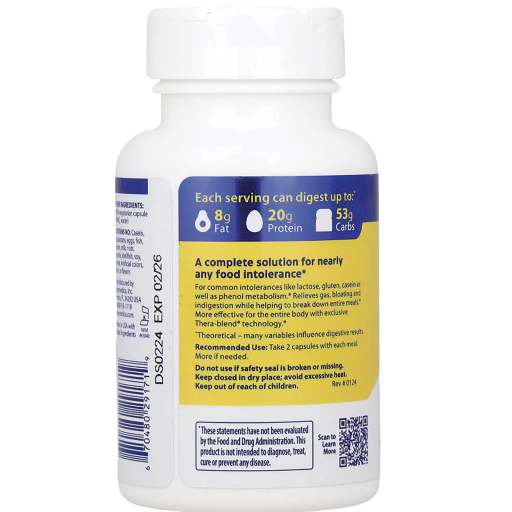 EMD049 | back label infographic on white supplement bottle showing digestion limits 8g fat, 20g protein, 53g carbs and recommended use - Thumbnail