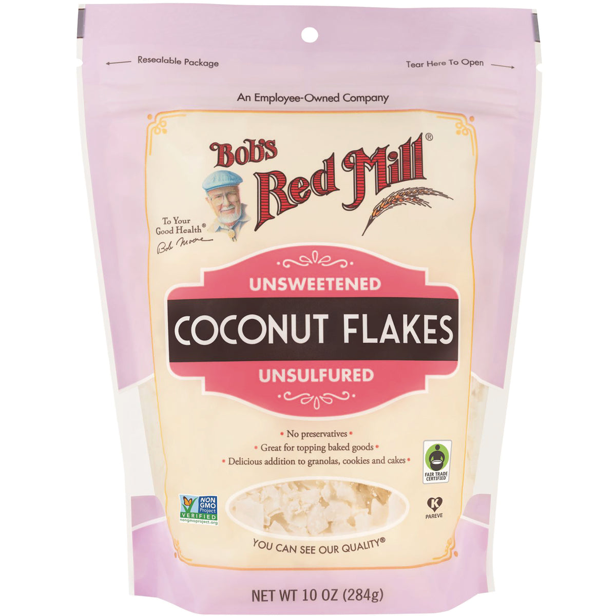 BOB284 | Bob's Red Mill unsweetened coconut flakes bag front showing product name and 10 oz net weight