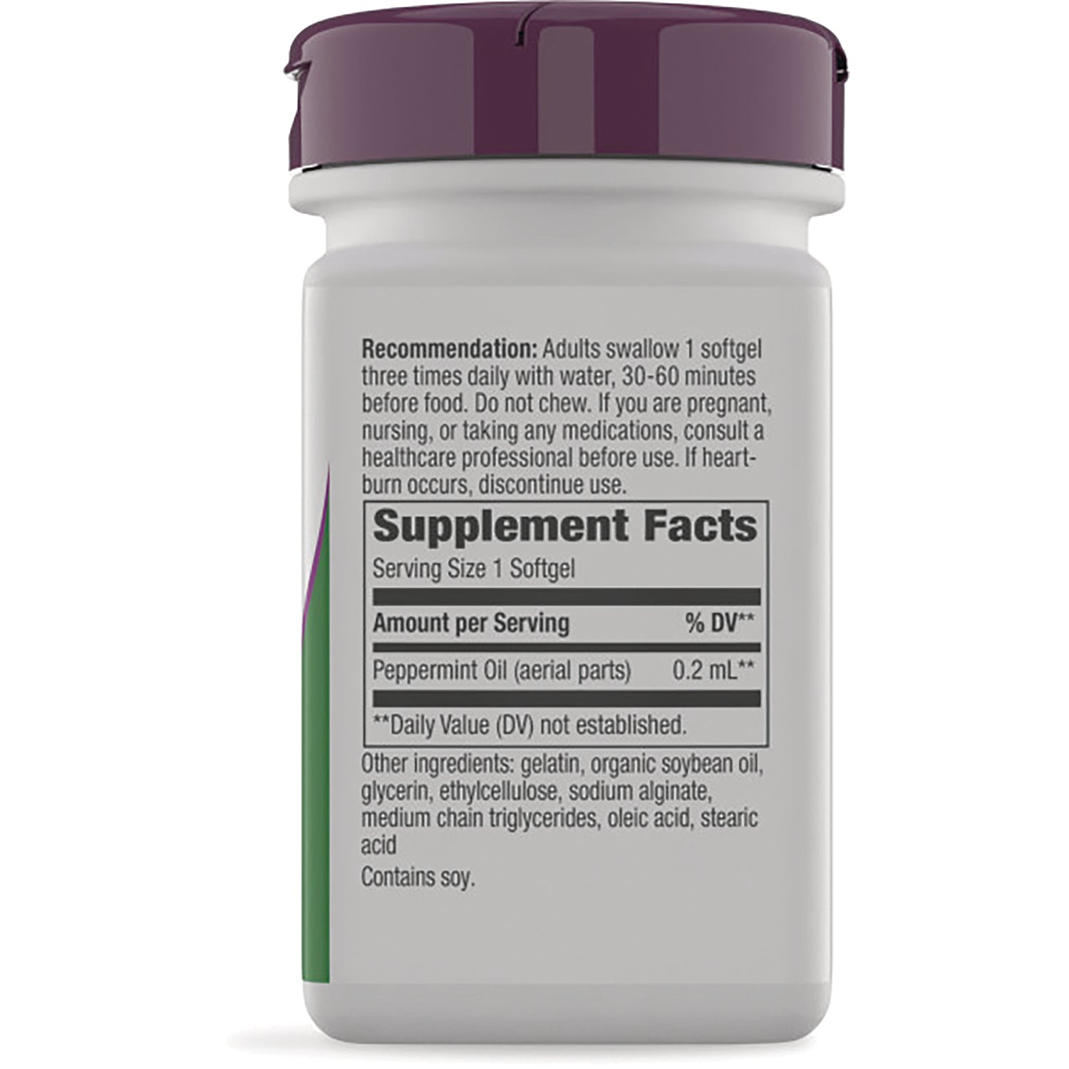 NW564 | Back of white supplement bottle showing Supplement Facts panel and directions, peppermint oil 0.2 mL