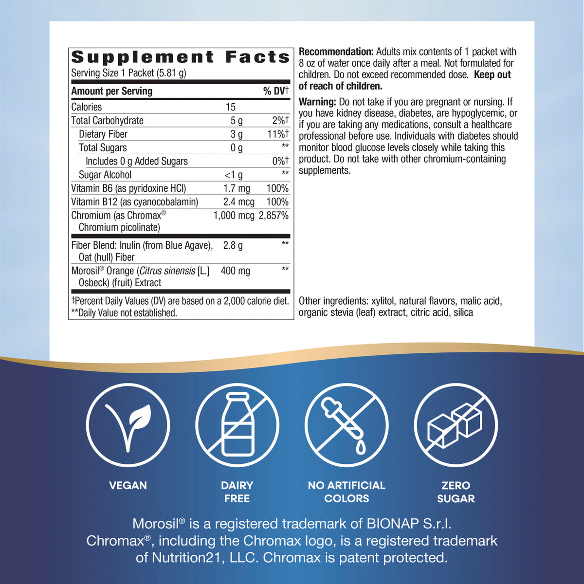 NW1068 | Supplement facts panel and warnings on back label with icons for vegan, dairy free, no artificial colors, zero sugar