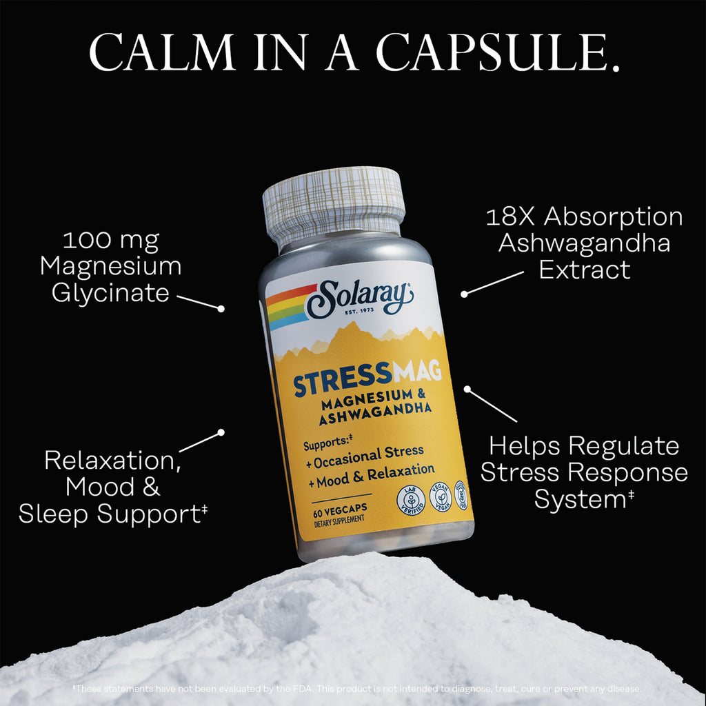 SLR551 | Solaray StressMag magnesium and ashwagandha supplement bottle with claims and product benefits - Thumbnail
