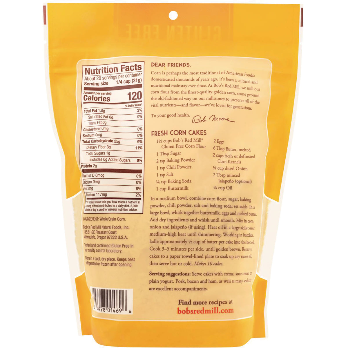 BOB296 | Back of yellow bag showing Nutrition Facts panel, ingredients and Fresh Corn Cakes recipe