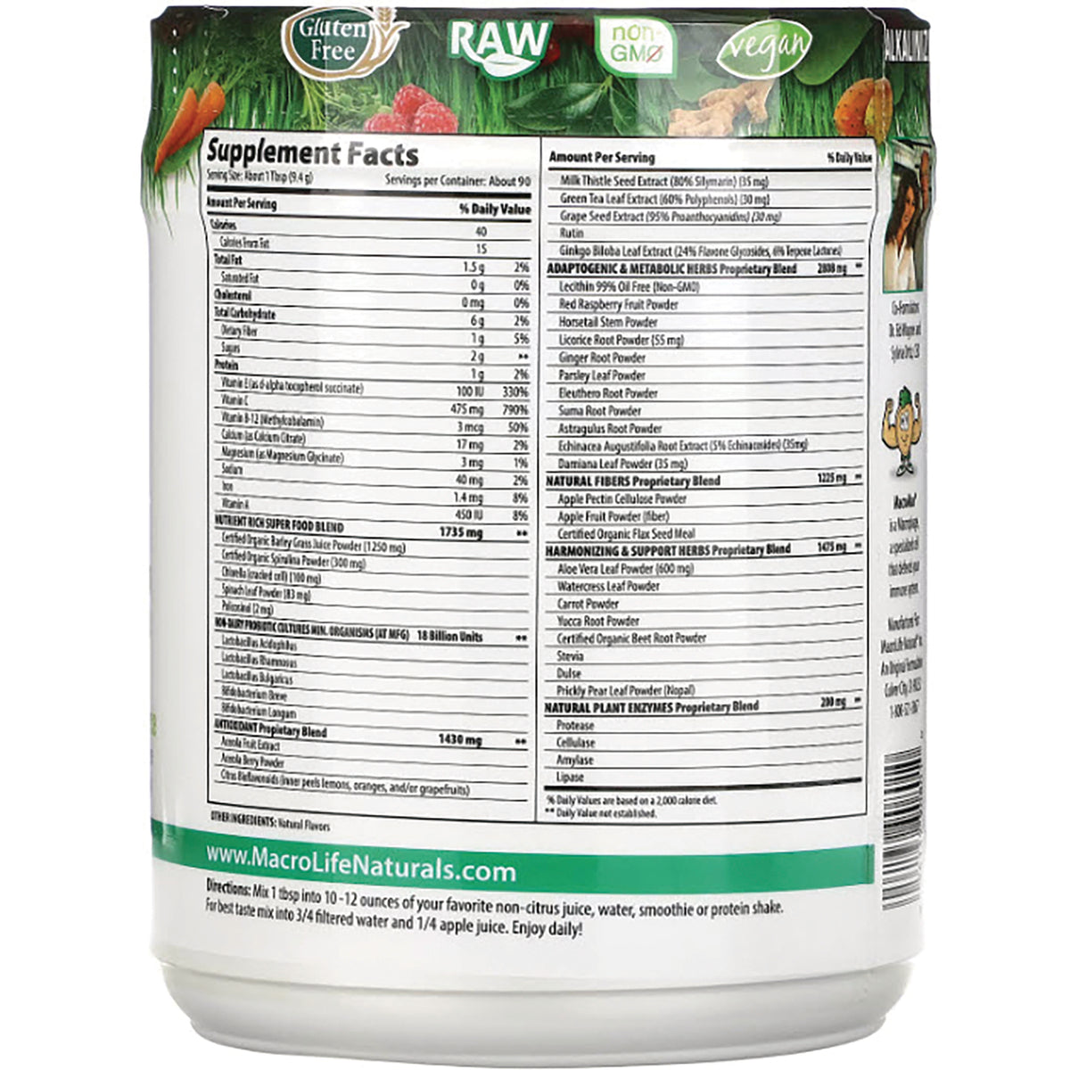 MCL002 | Back label showing Supplement Facts, ingredient and nutrition panels and directions on green and white supplement container