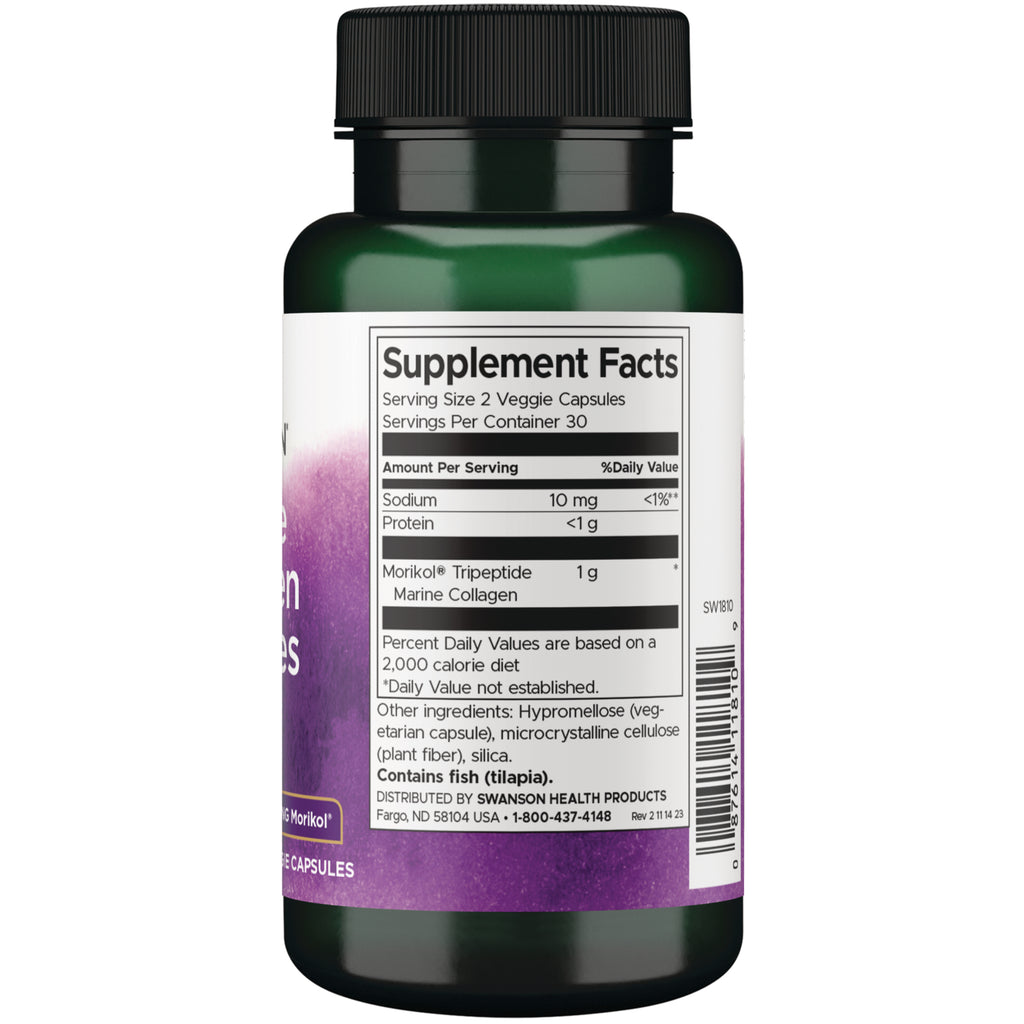 SW1810 | Back label with Supplement Facts panel with ingredients, suggested use, and warning text for Morikol collagen capsules - Thumbnail