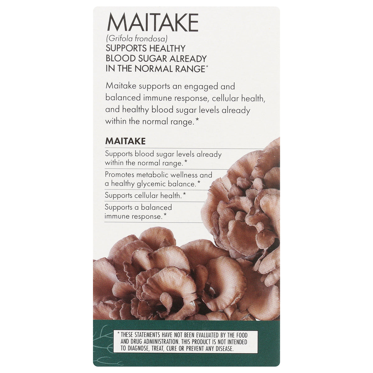 FUN008 | MAITAKE supplement infographic listing blood sugar, immune, and cellular health benefits with mushroom image