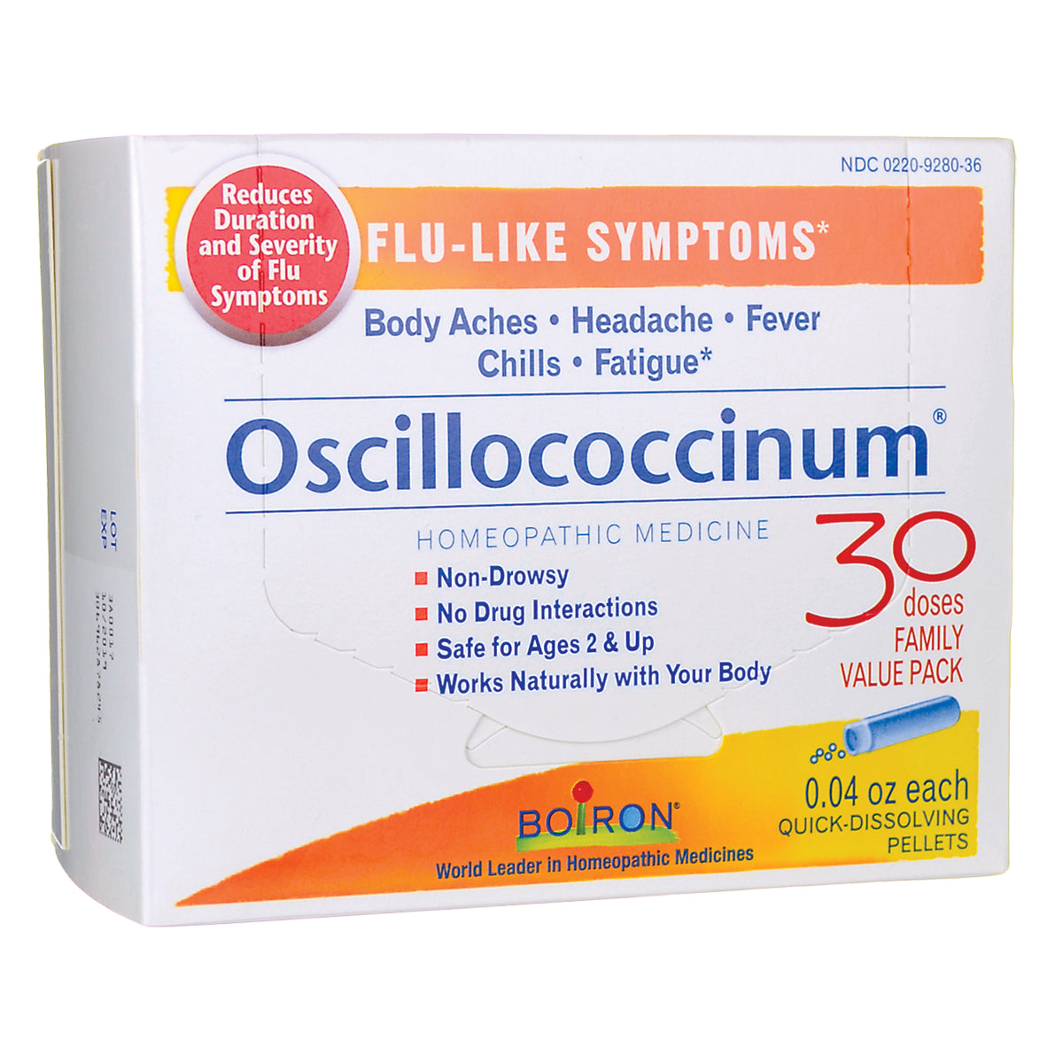 BRN047 | Oscillococcinum homeopathic medicine box, 30 doses family value pack labeled for flu-like symptoms