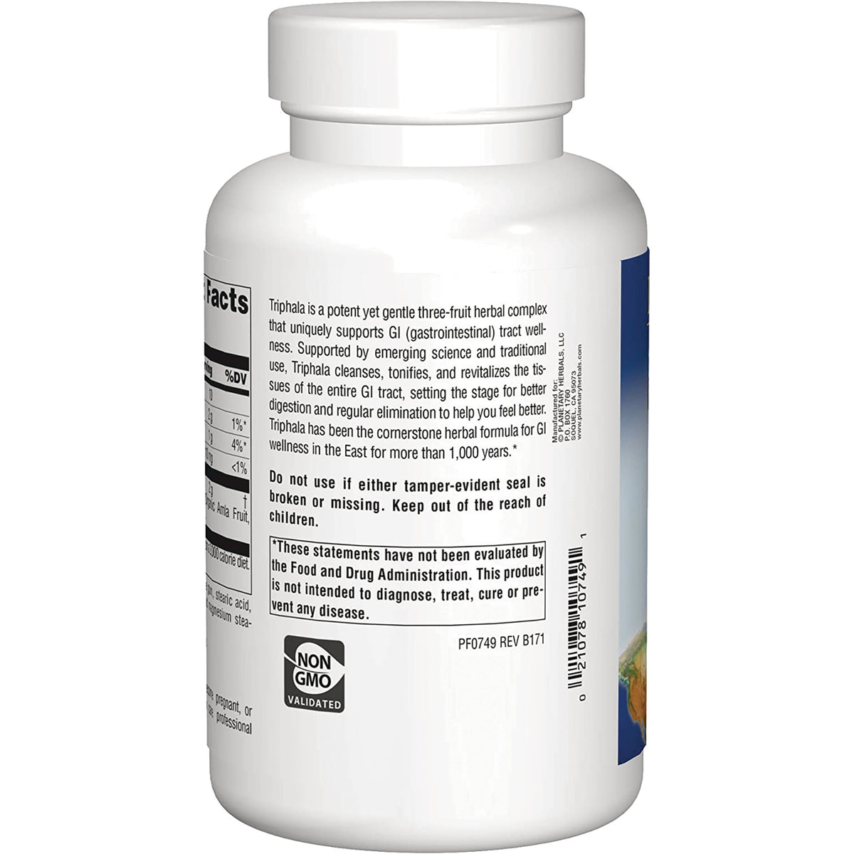 back label of white supplement bottle showing ingredient and warning text, Non GMO validated seal and barcode