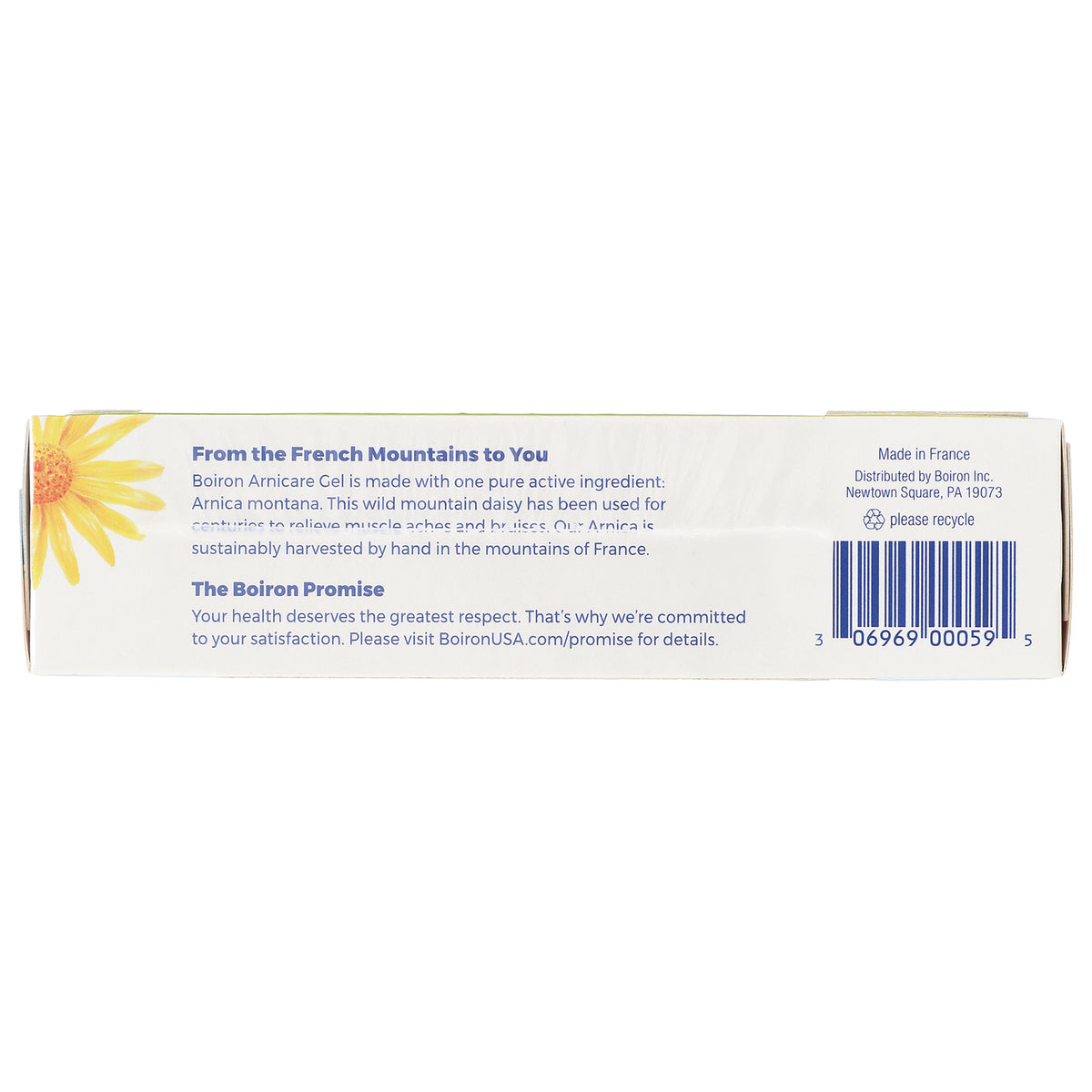 BRN093 | back of Boiron Arnicare gel box showing product description, barcode, and sunflower graphic