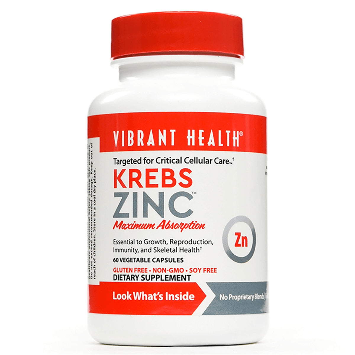VH008 | Vibrant Health Krebs Zinc supplement bottle, 60 vegetable capsules, gluten free, non-GMO, soy free