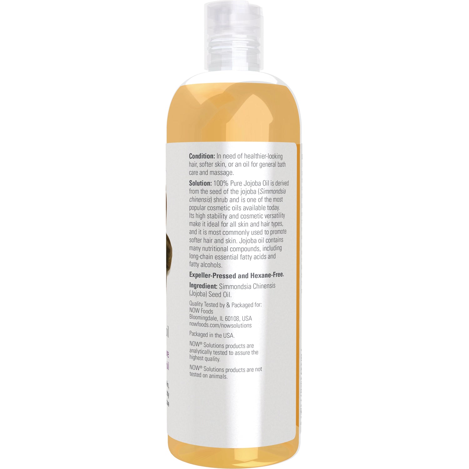 NWF1081 | Back label of jojoba oil bottle showing ingredients, usage and product information