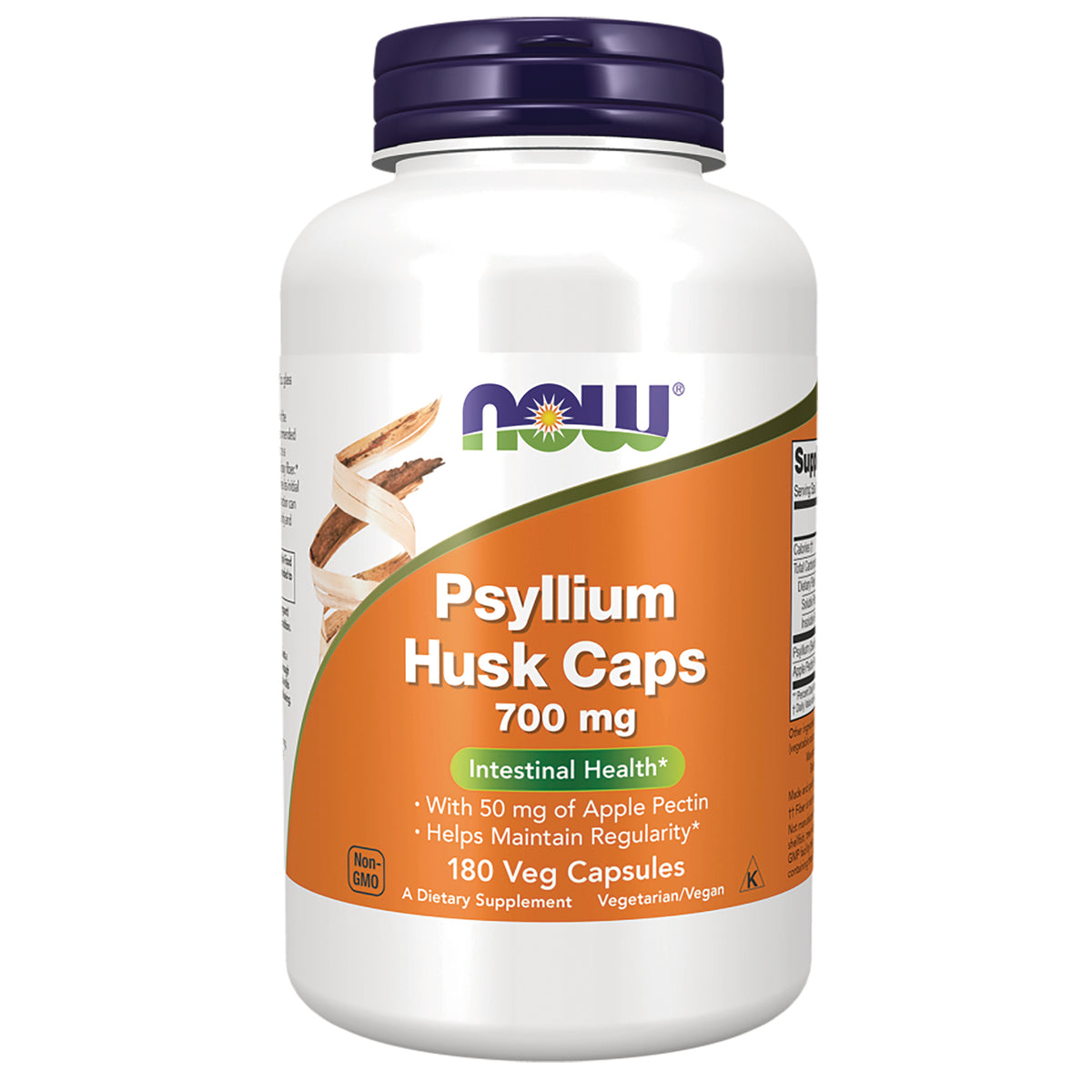 NWF1391 | NOW Psyllium Husk Caps 700 mg white bottle with orange label, 180 veg capsules