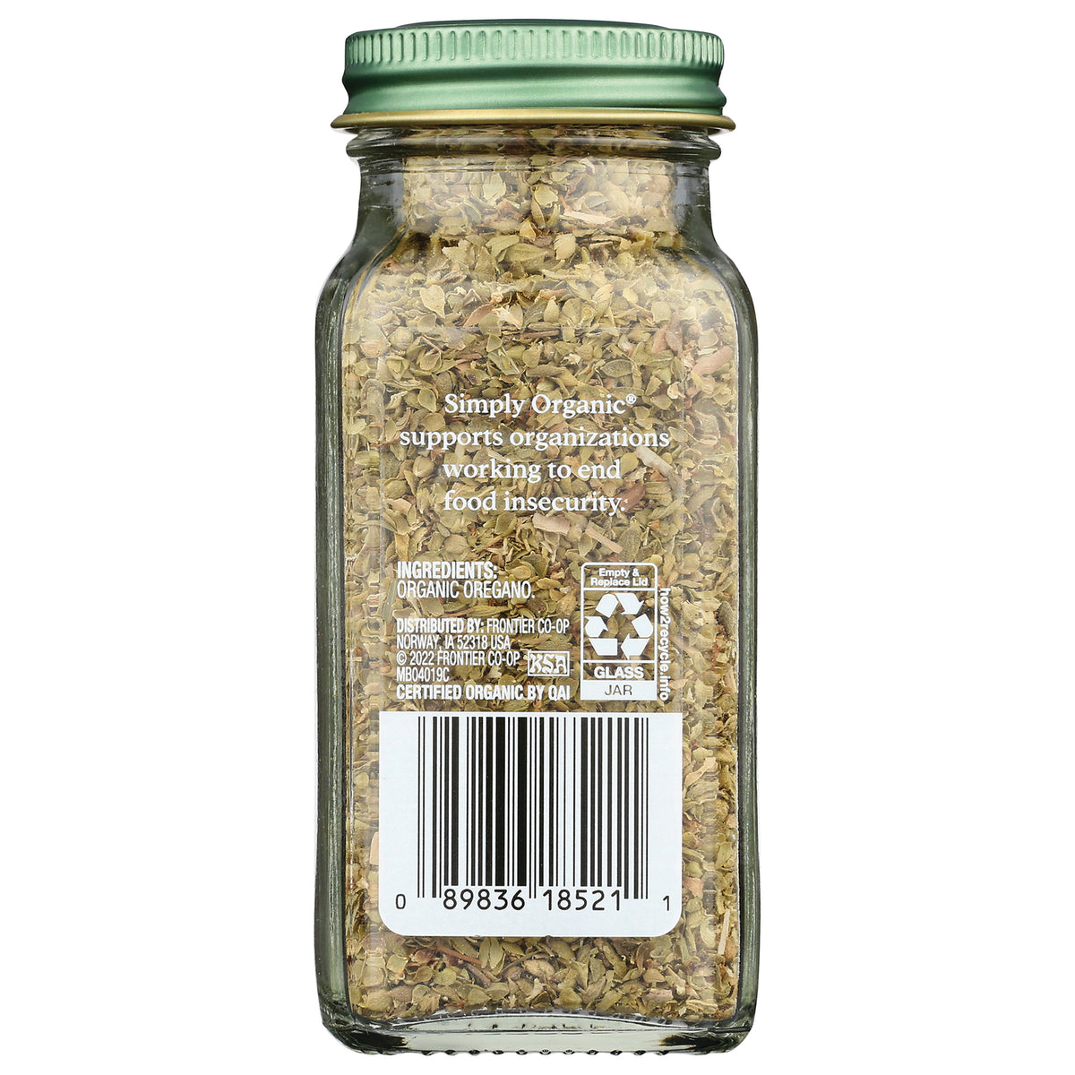 SMP016 | Back of Simply Organic oregano jar with ingredients, recycling info, and barcode
