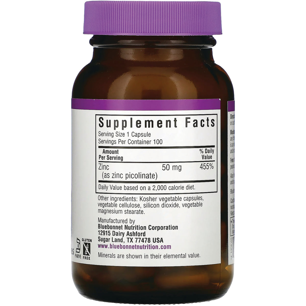 BLU138 | Back label showing Supplement Facts for zinc 50 mg, serving size 1 capsule and ingredient and manufacturer details