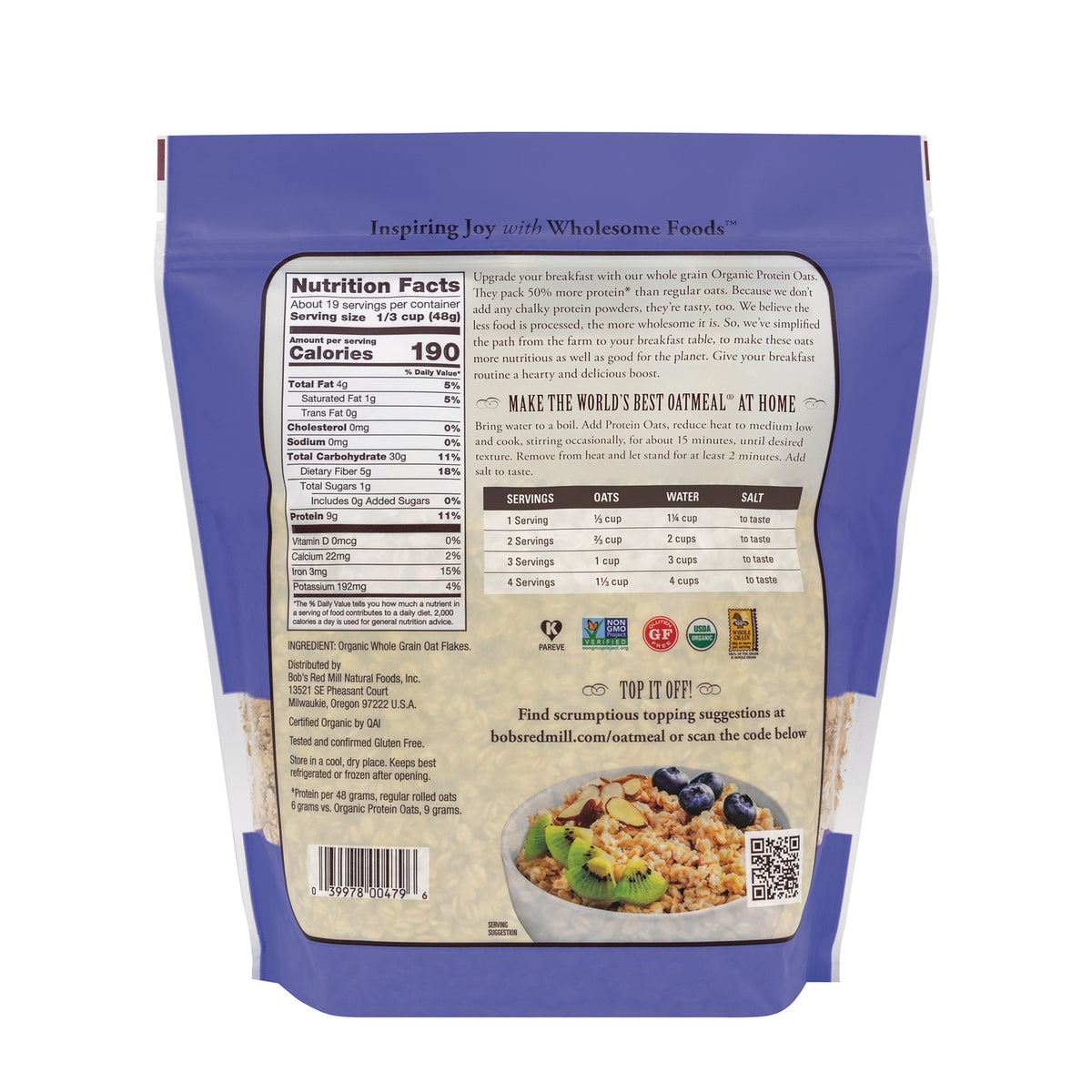 BOB484 | Back of purple oatmeal bag showing nutrition facts panel, ingredient list, serving chart and bowl of oatmeal with kiwi and blueberries