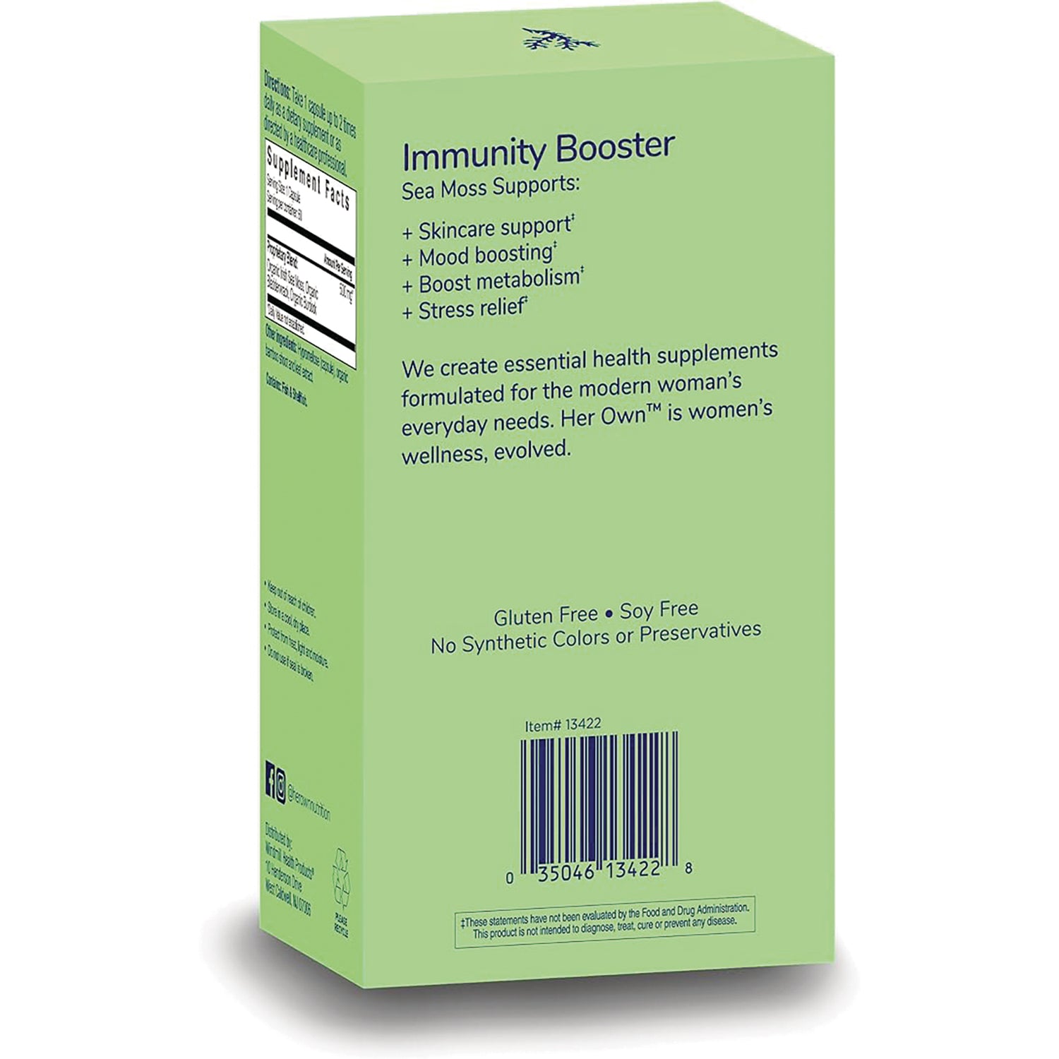 HO007 | Back of green supplement box labeled Immunity Booster with Sea Moss supports list, product claims, and barcode