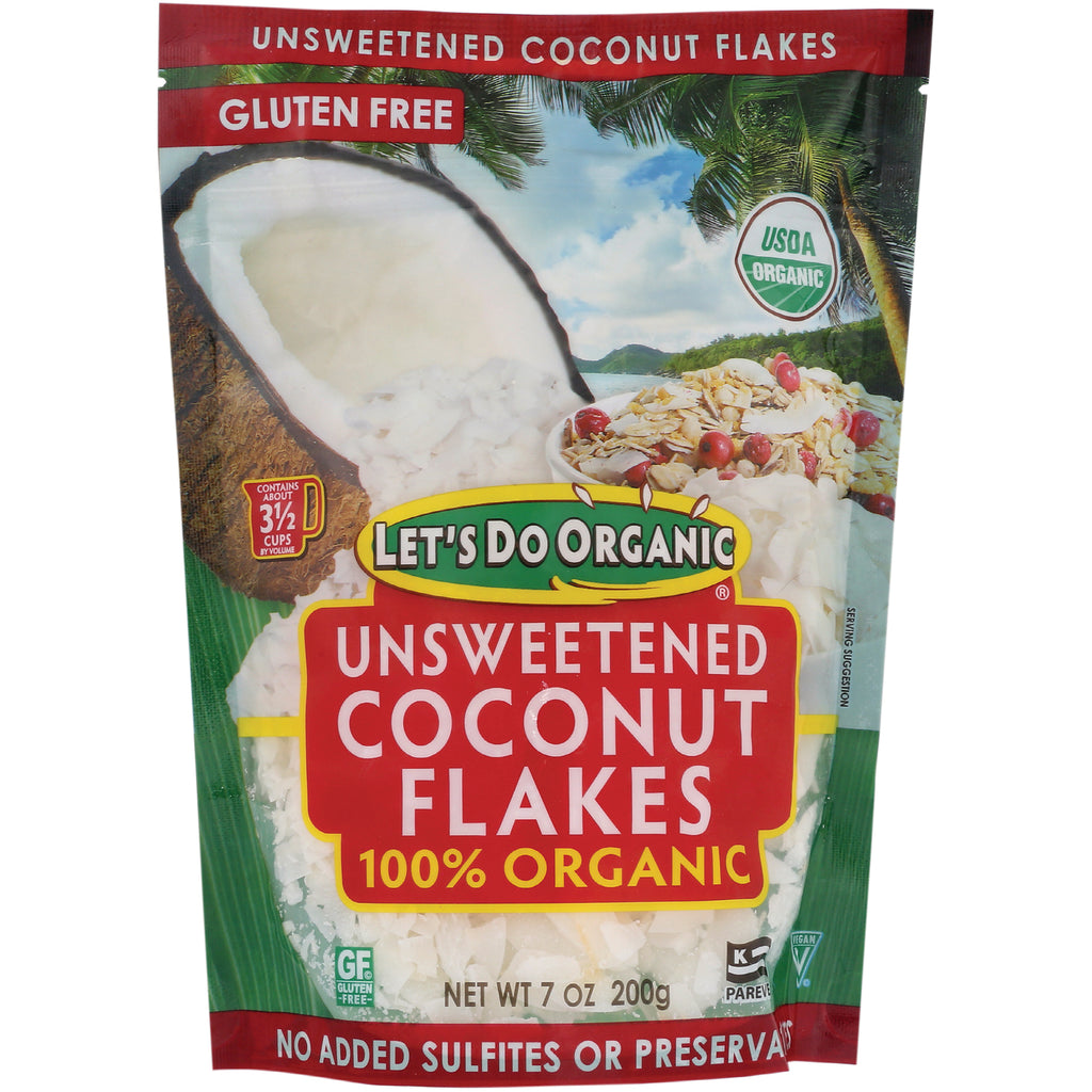 LDO001 | Let's Do Organic unsweetened coconut flakes 7 oz bag showing front packaging and 100% organic label - Thumbnail