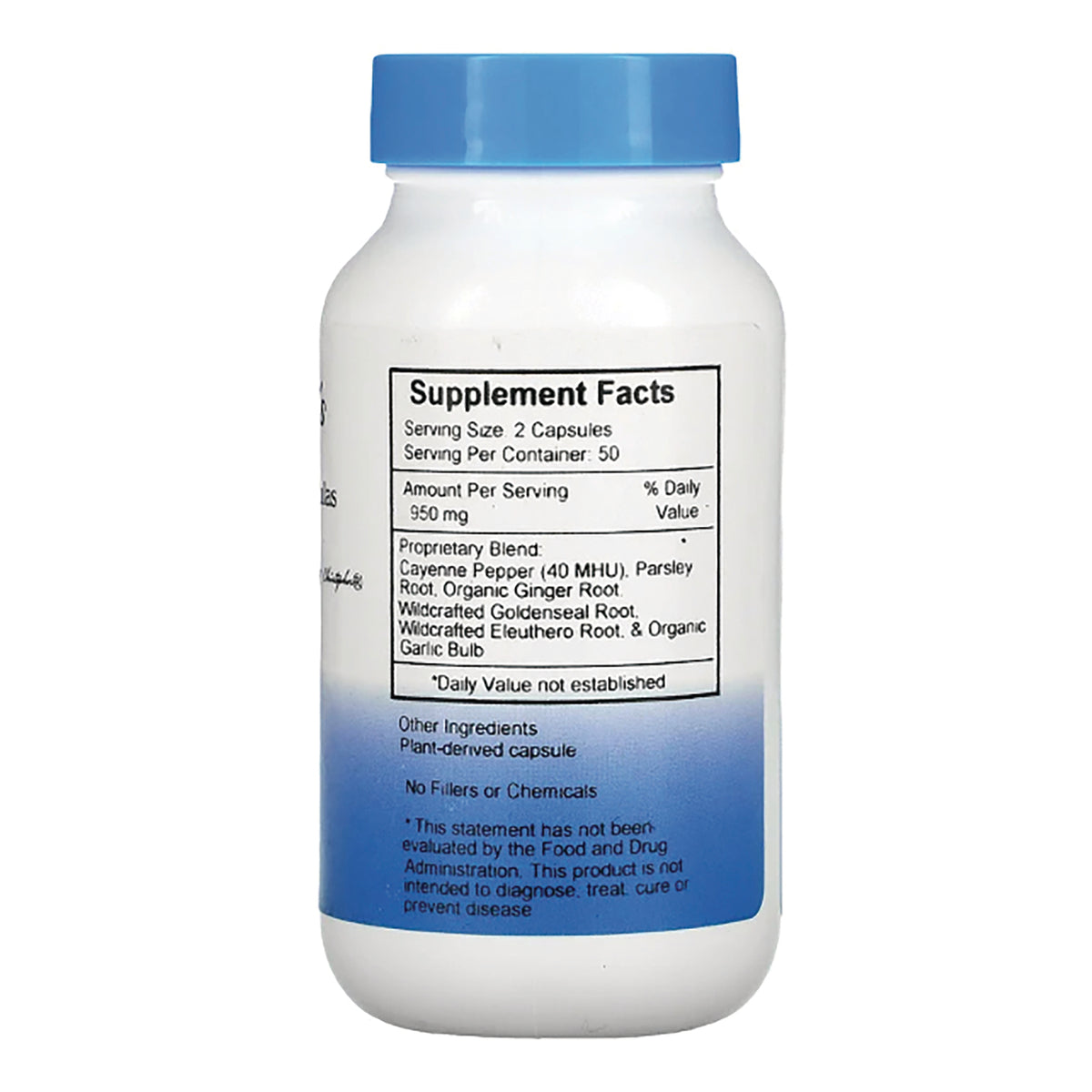 DCR030 | Back of white supplement bottle showing Supplement Facts panel and ingredient list with blue cap