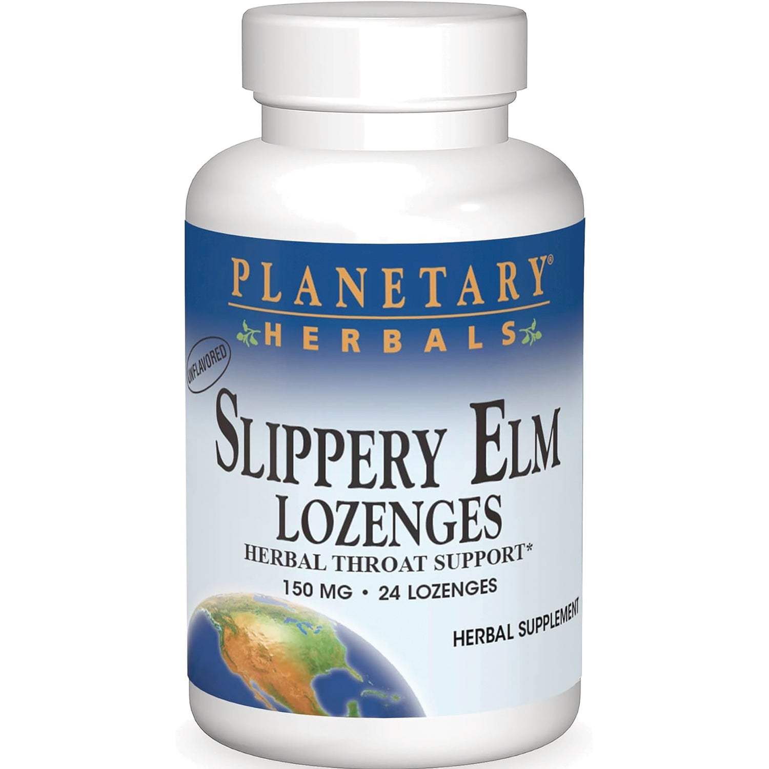 PF132 | Planetary Herbals Slippery Elm Lozenges bottle, 150 mg, 24 lozenges, blue and white label