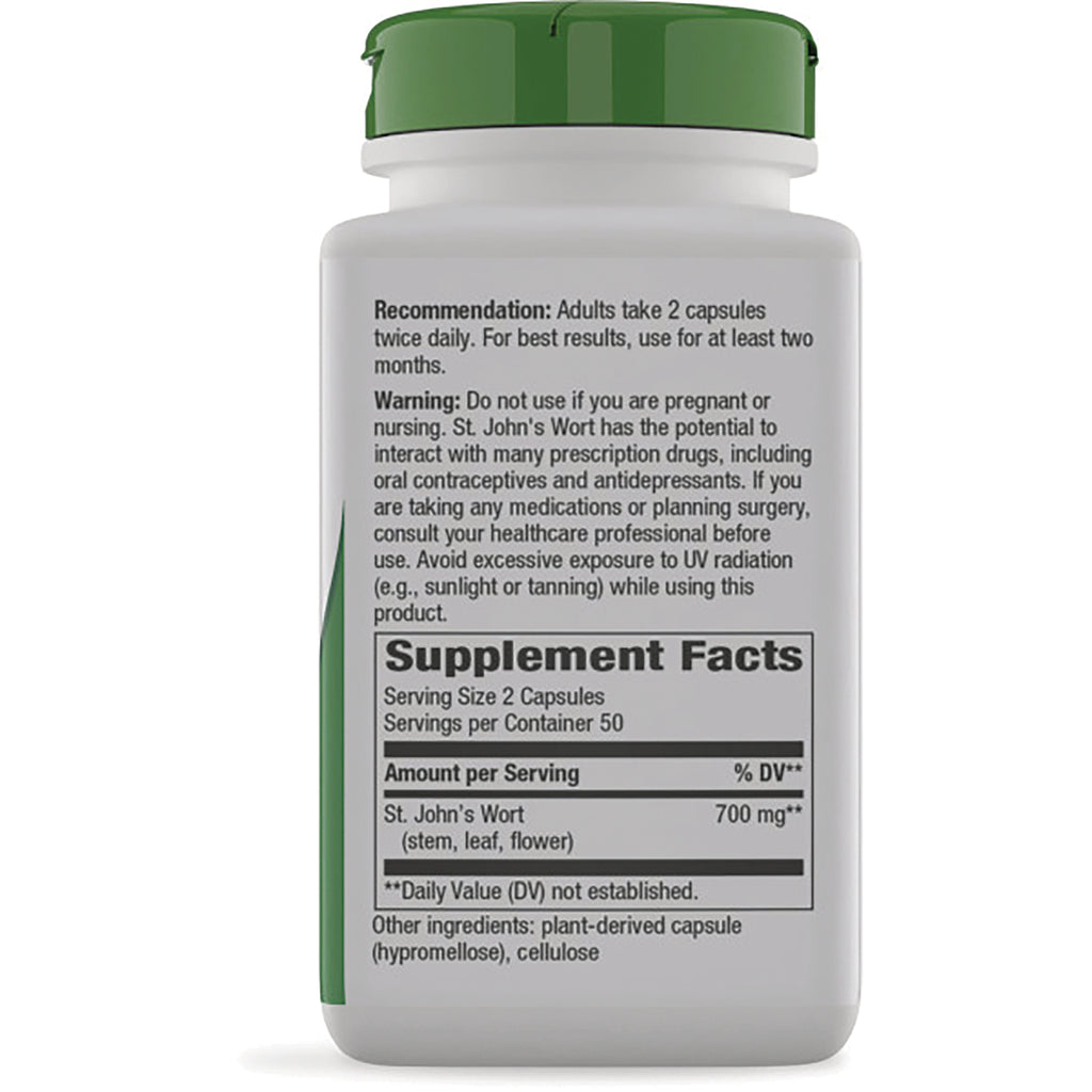 NW283 | Back label showing Supplement Facts, serving size 2 capsules, St. John's Wort 700 mg and warning text - Thumbnail