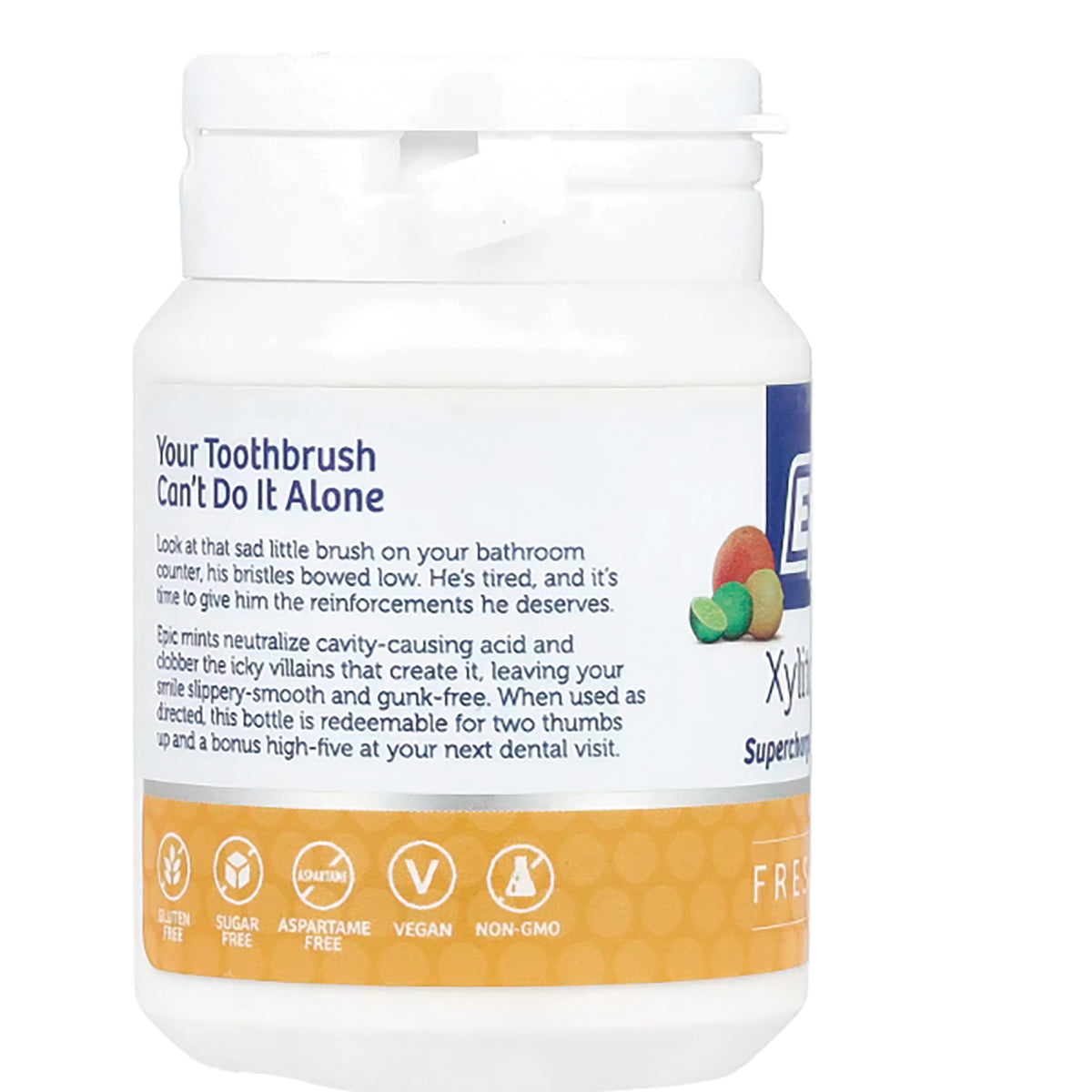EPI009 | back label of white bottle reading Your Toothbrush Can't Do It Alone, shows small icons for gluten free, sugar free, vegan