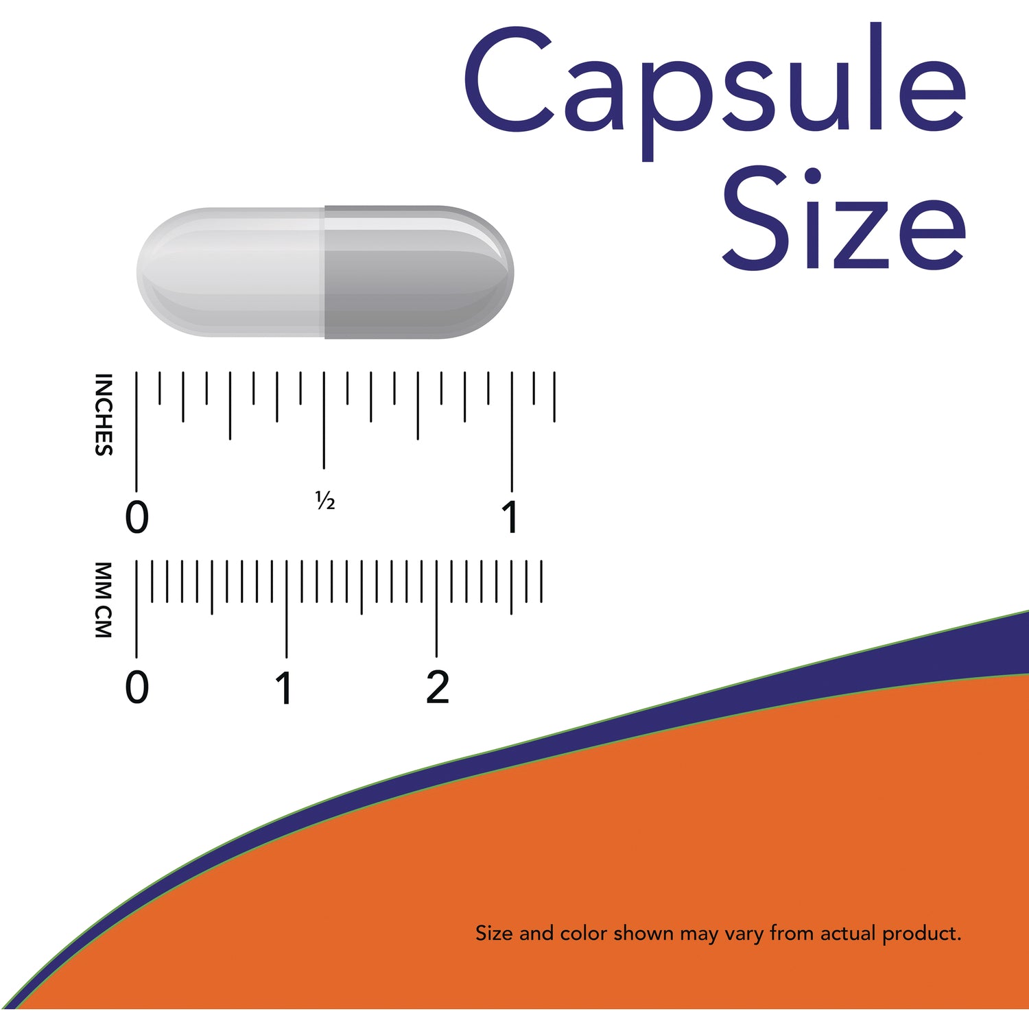 NWF963 | capsule with inch and centimeter rulers labeled Capsule Size indicating physical size