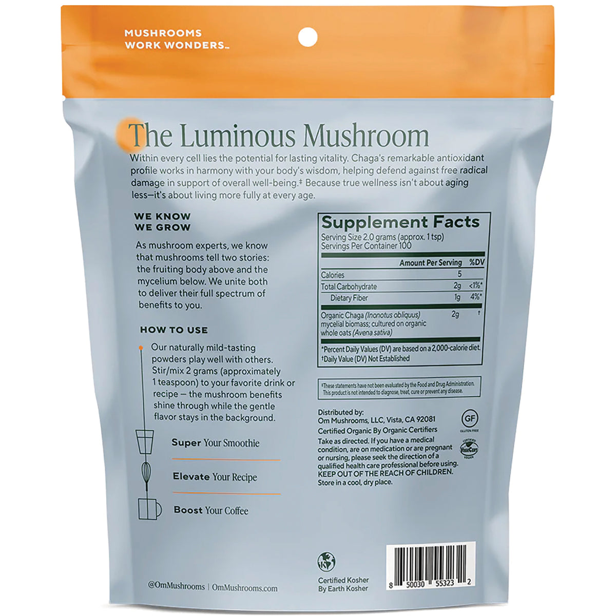 MMX043 | Back of pouch showing CHAGA label, Supplement Facts panel, usage directions, and branding