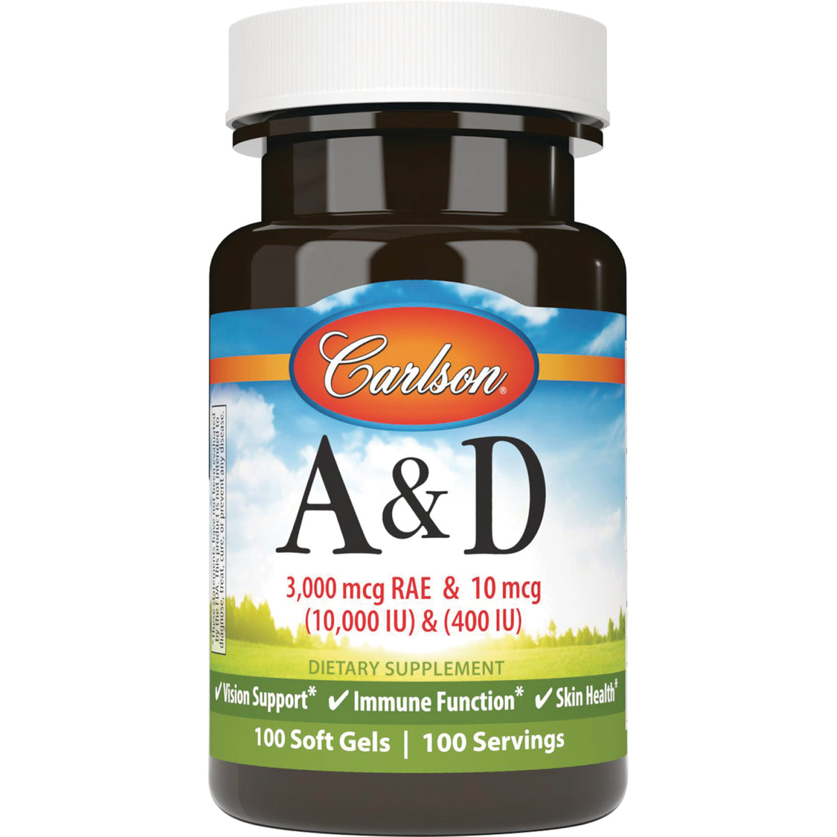 CSN152 | Carlson A&D dietary supplement bottle, front label showing A&D and 3,000 mcg RAE & 10 mcg, 100 soft gels