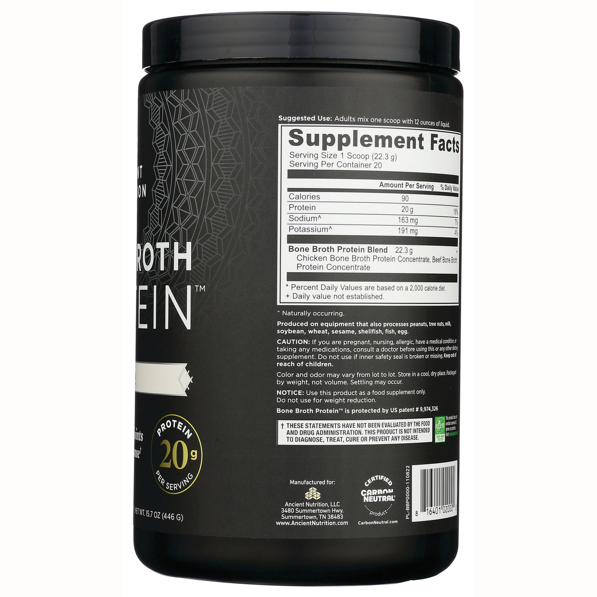 ATN001 | Back of black protein powder jar showing Supplement Facts label with serving size 1 scoop and nutrition facts