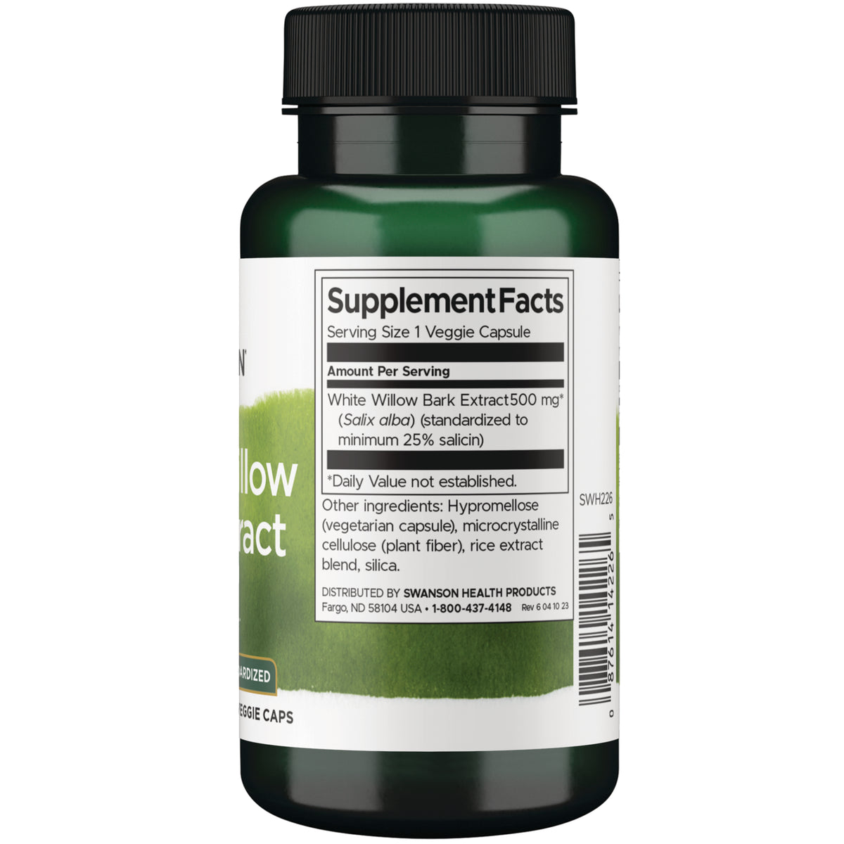 SWH226 | Supplement Facts: White Willow Bark Extract 500 mg per veggie capsule