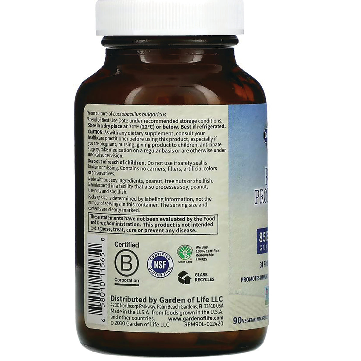 GLF130 | Back label of brown supplement bottle showing warnings, certifications, and barcode