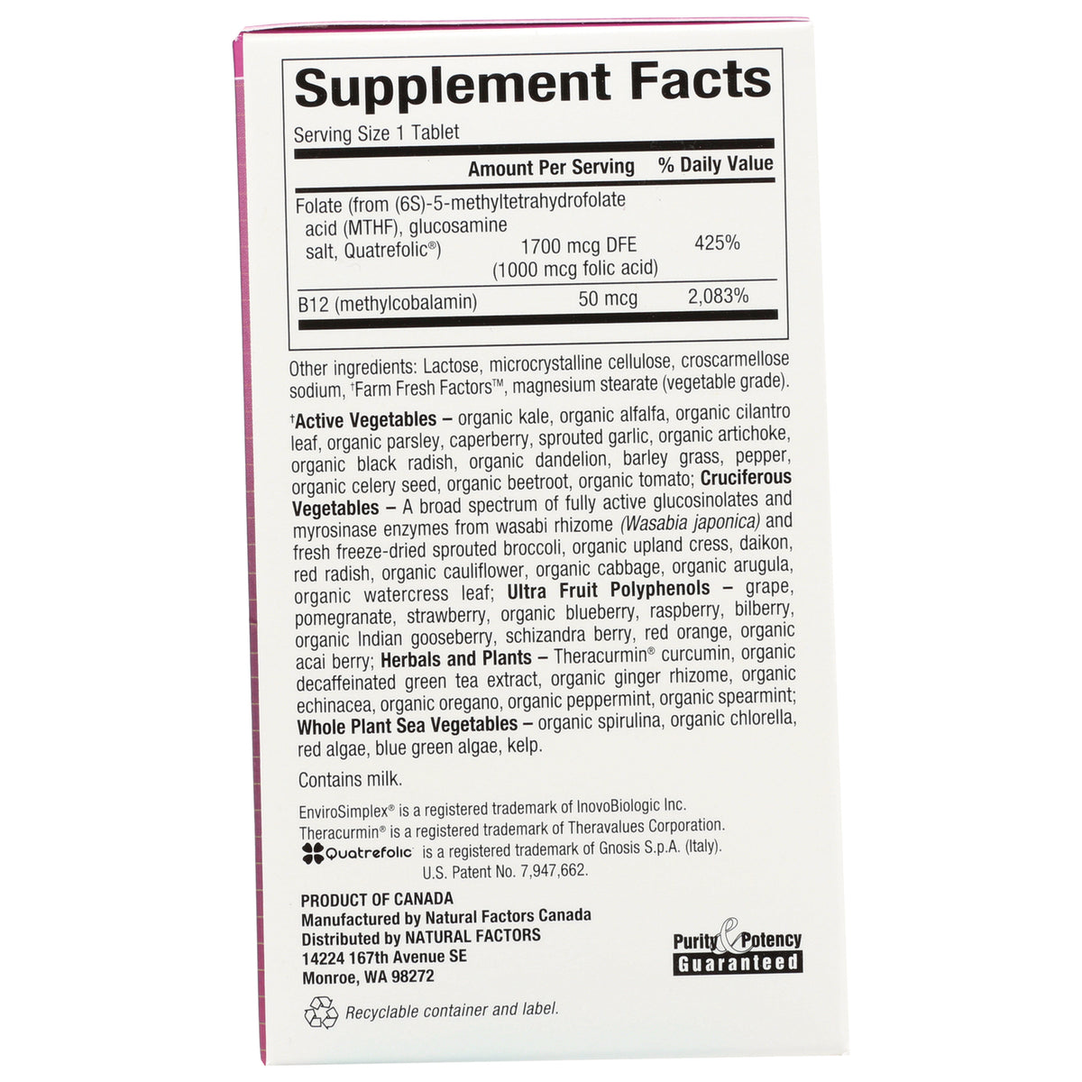 NFC173 | Back of supplement box showing Supplement Facts panel, ingredient list and manufacturer information