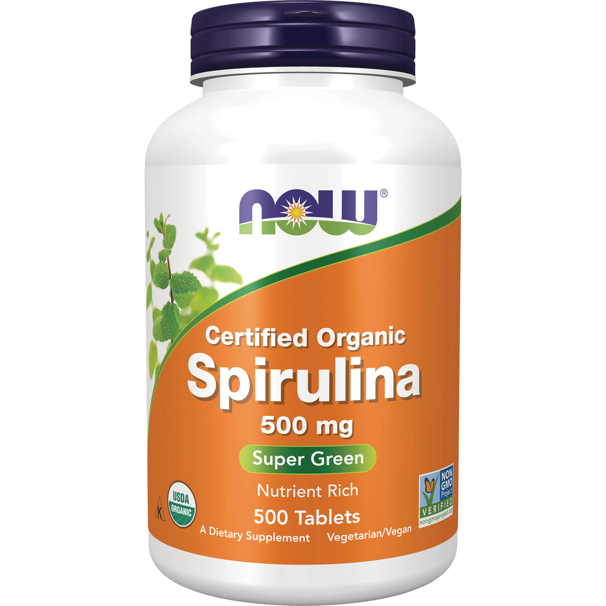 NWF708 | White bottle of NOW Certified Organic Spirulina 500 mg, 500 tablets, orange label