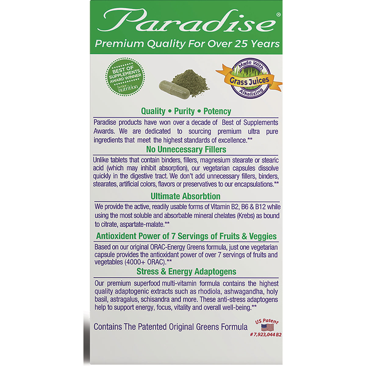 PRH011 | Paradise supplement back panel showing quality, ingredient and usage claims, antioxidant and adaptogen information