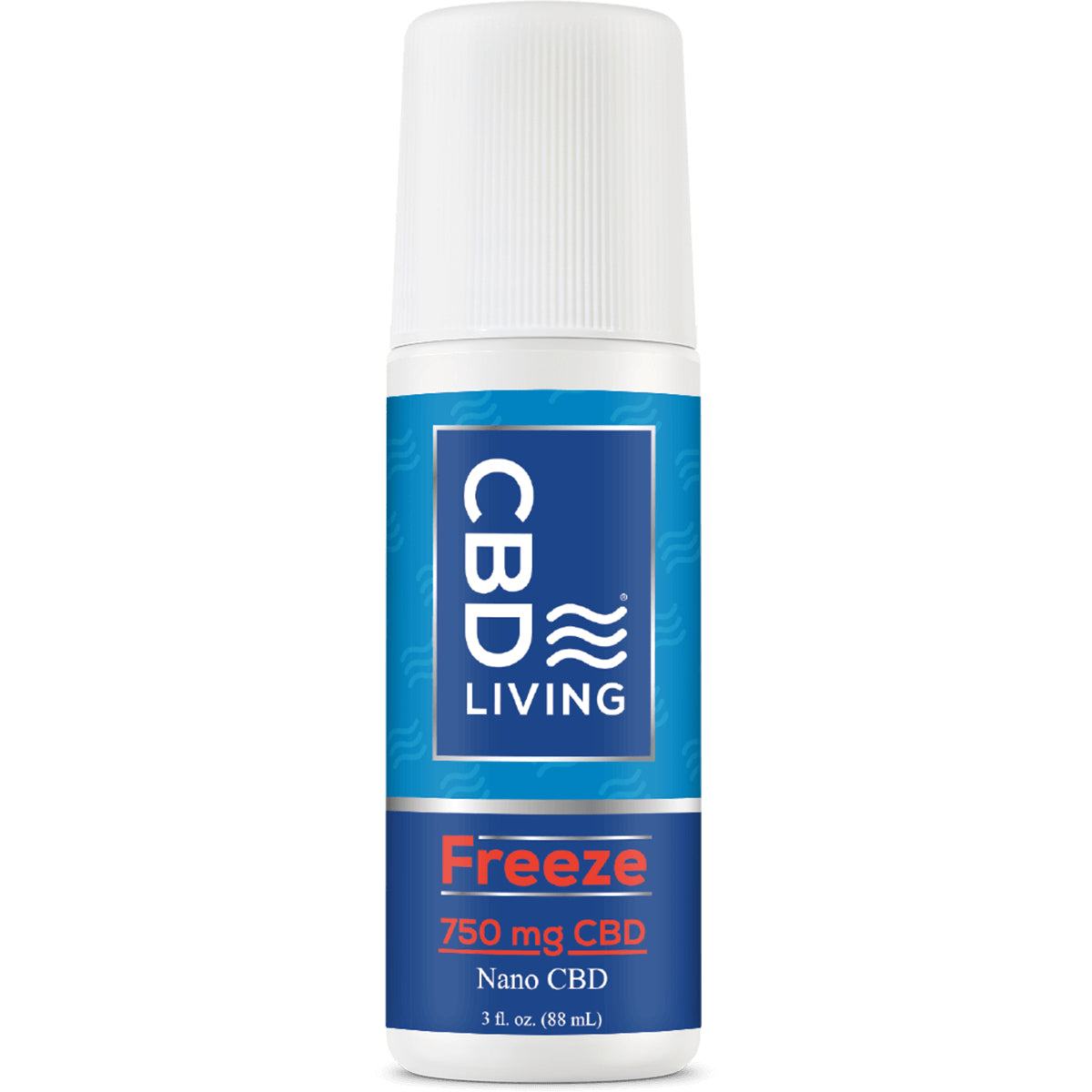 CBD039 | CBD Living Freeze roll-on bottle with white cap, label reads 750 mg CBD Nano CBD