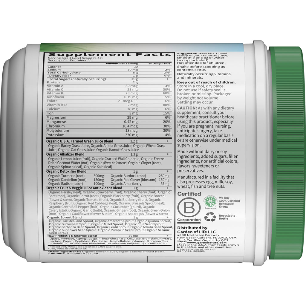 GLF169 | Supplement Facts panel and ingredient, usage, and caution text on back of white supplement bottle with green cap - Thumbnail