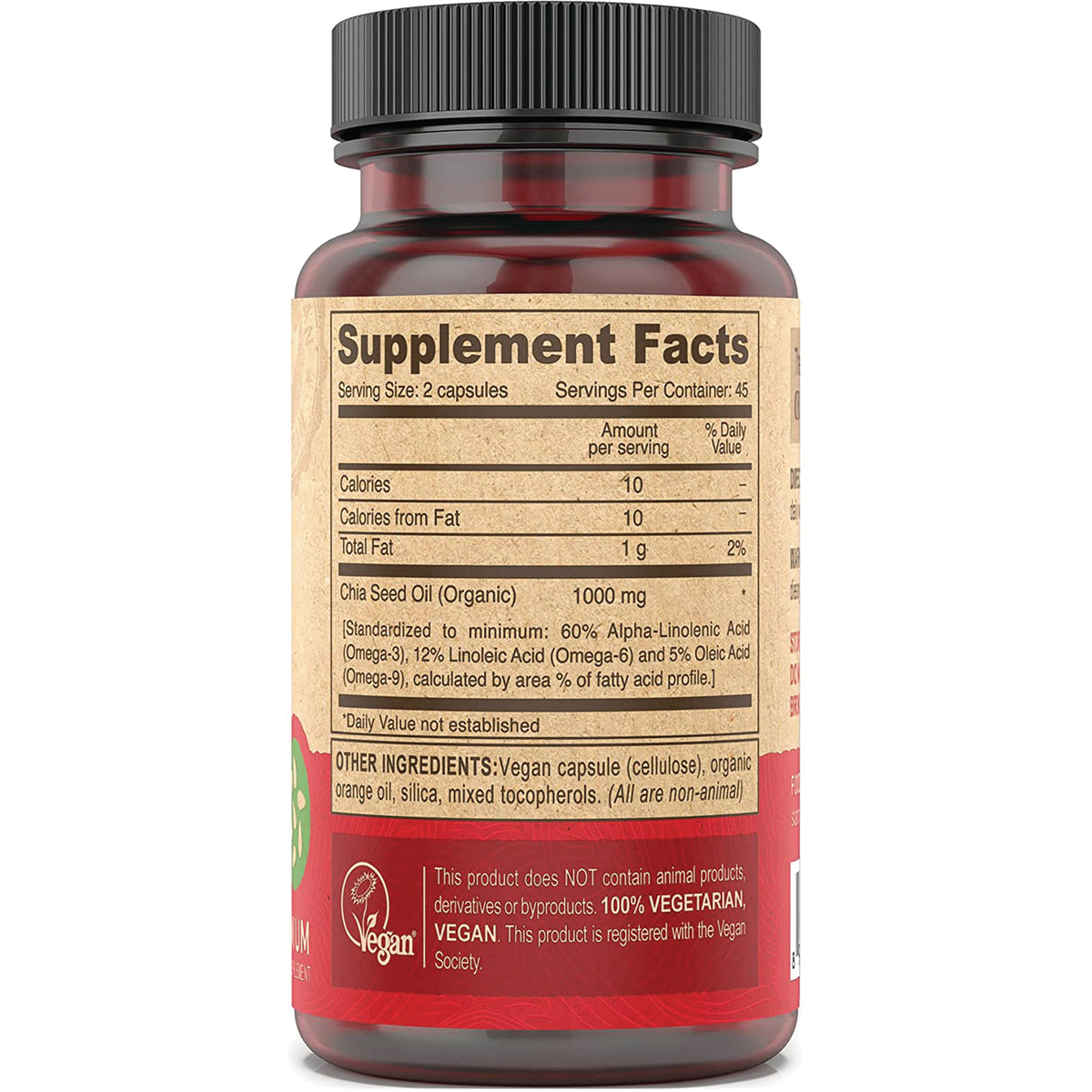 DEV014 | Back of supplement bottle label showing Supplement Facts panel and ingredients including Chia Seed Oil 1000 mg