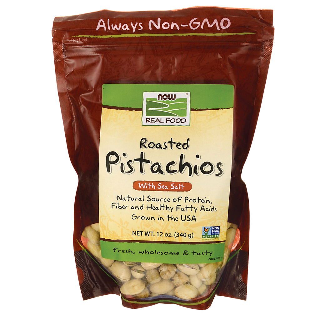 NWF1143 | NOW Real Food roasted pistachios with sea salt 12 oz front pouch showing nuts - Thumbnail