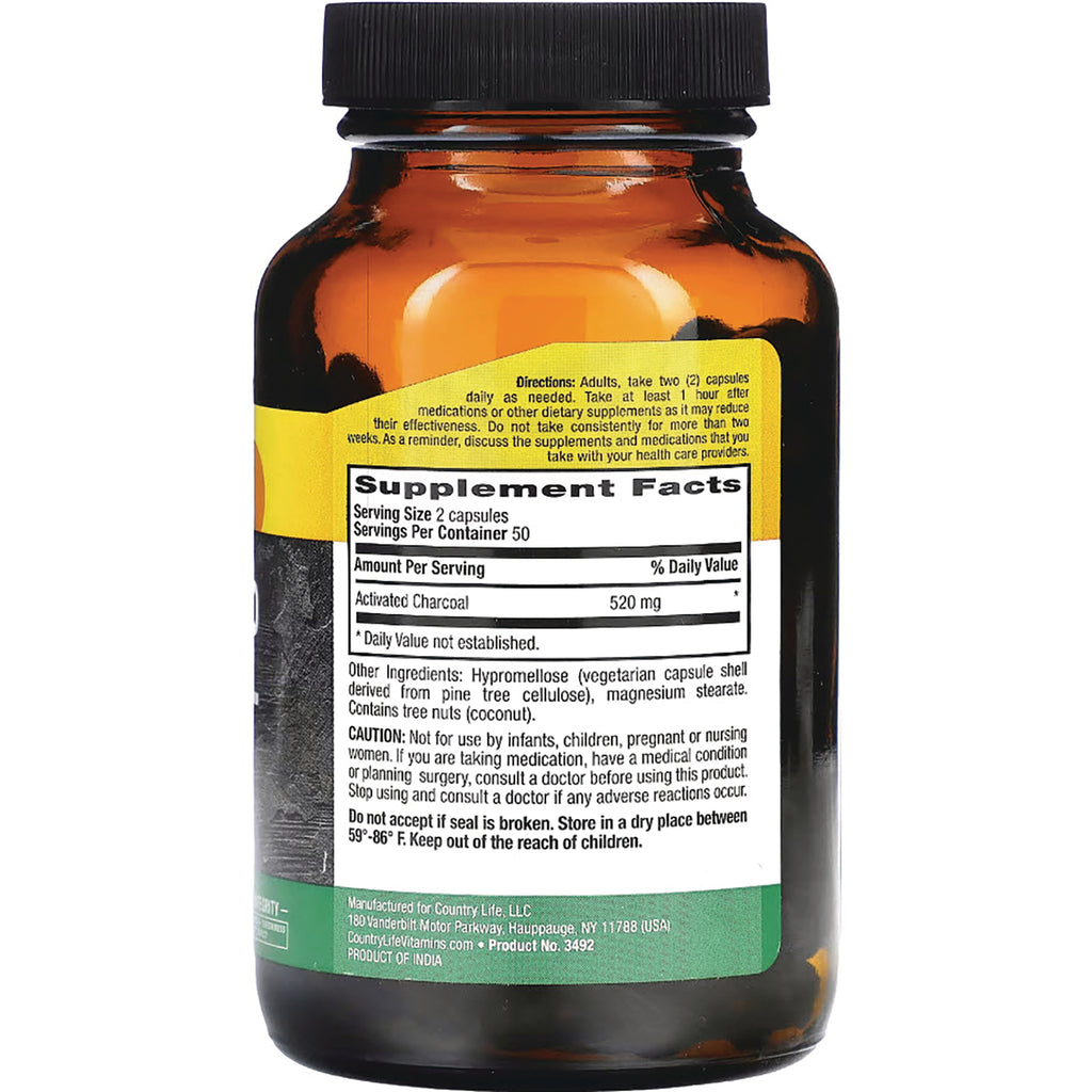 CRL424 | back of amber supplement bottle showing Supplement Facts label listing Activated Charcoal 520 mg per serving - Thumbnail