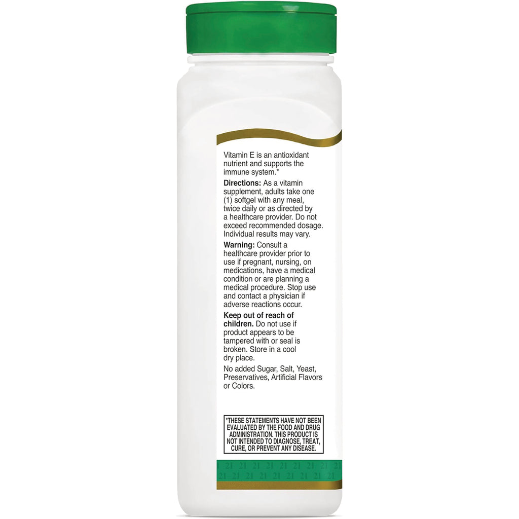 CNT182 | back label showing Vitamin E directions, warnings and storage info on white bottle with green cap - Thumbnail