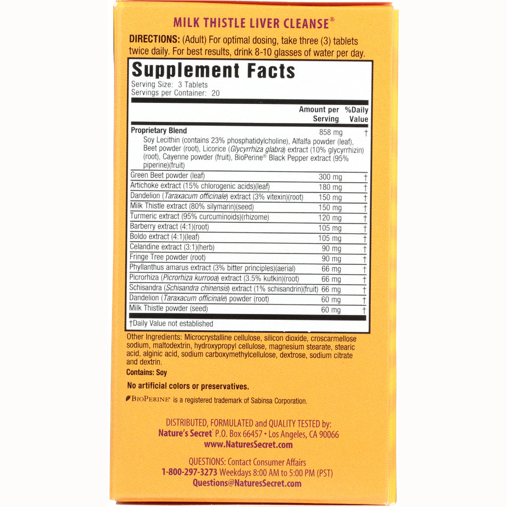 NTS28 | back of Milk Thistle Liver Cleanse box showing Supplement Facts panel, directions, ingredients and contact information - Thumbnail