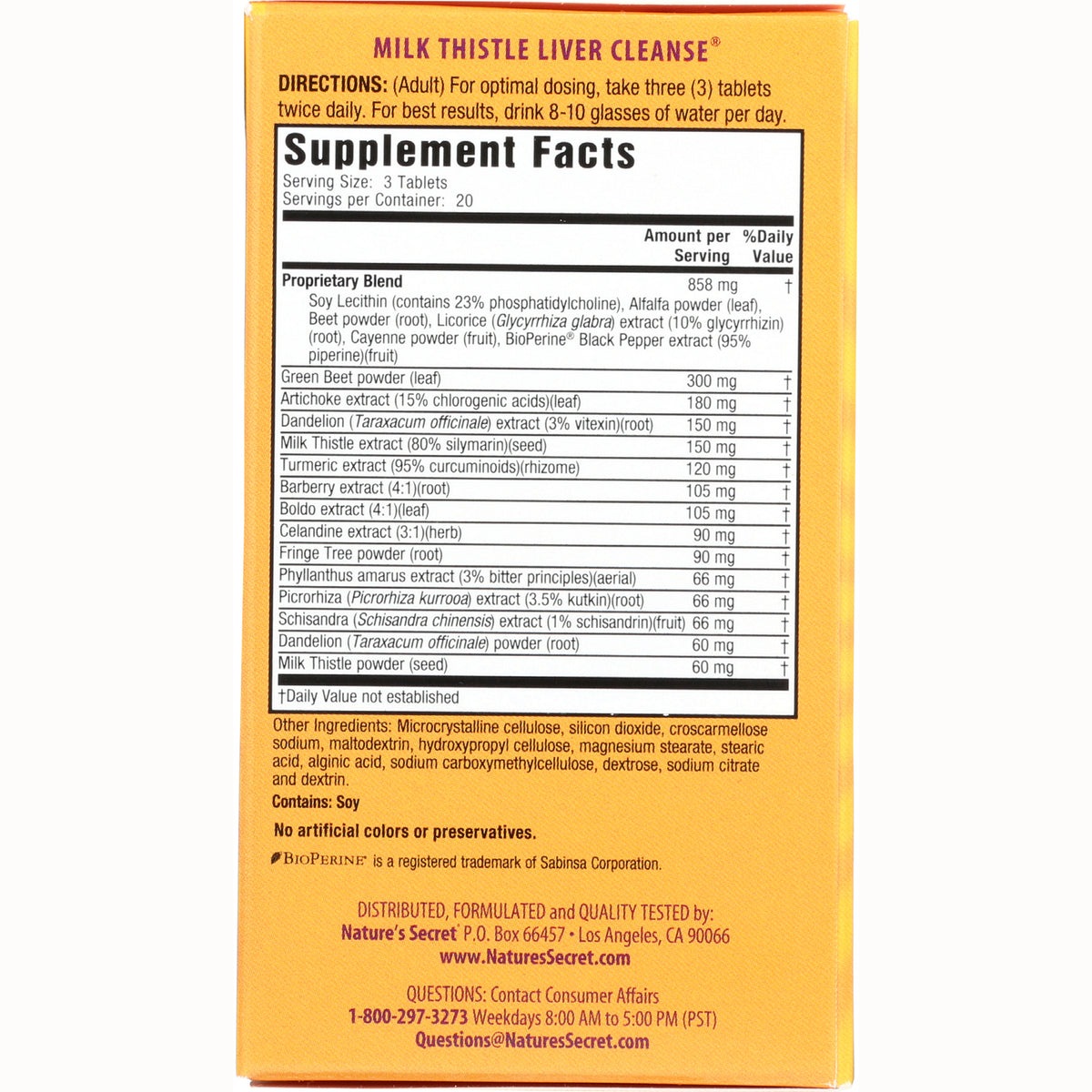 NTS28 | back of Milk Thistle Liver Cleanse box showing Supplement Facts panel, directions, ingredients and contact information