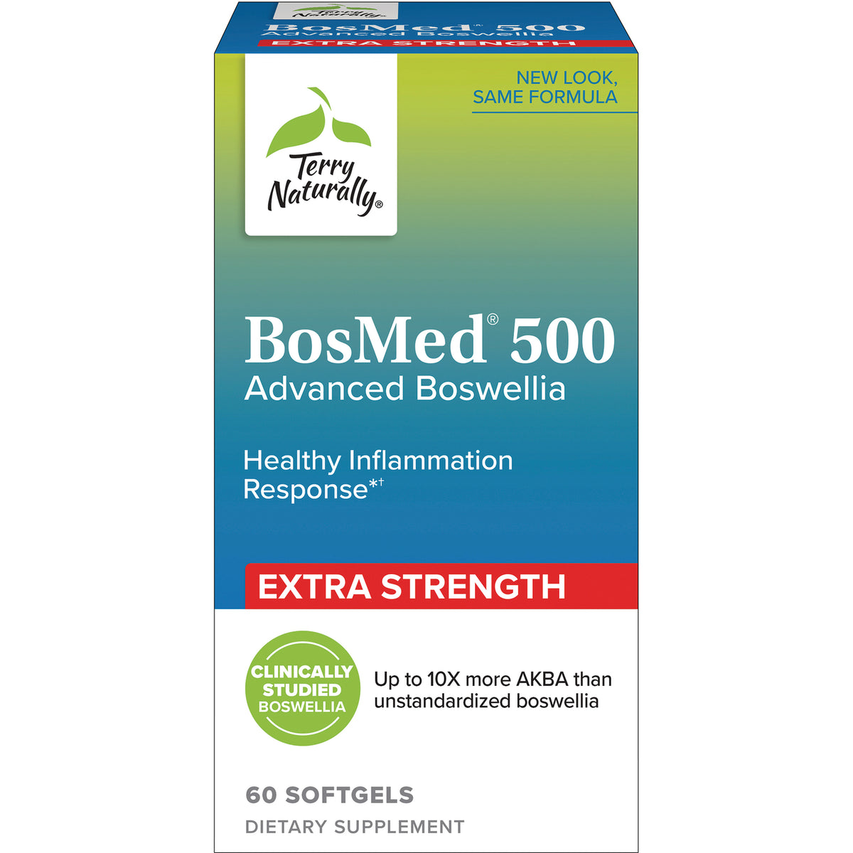 EUR031 | Terry Naturally BosMed 500 Advanced Boswellia extra strength 60 softgels front packaging with Clinically Studied Boswellia badge
