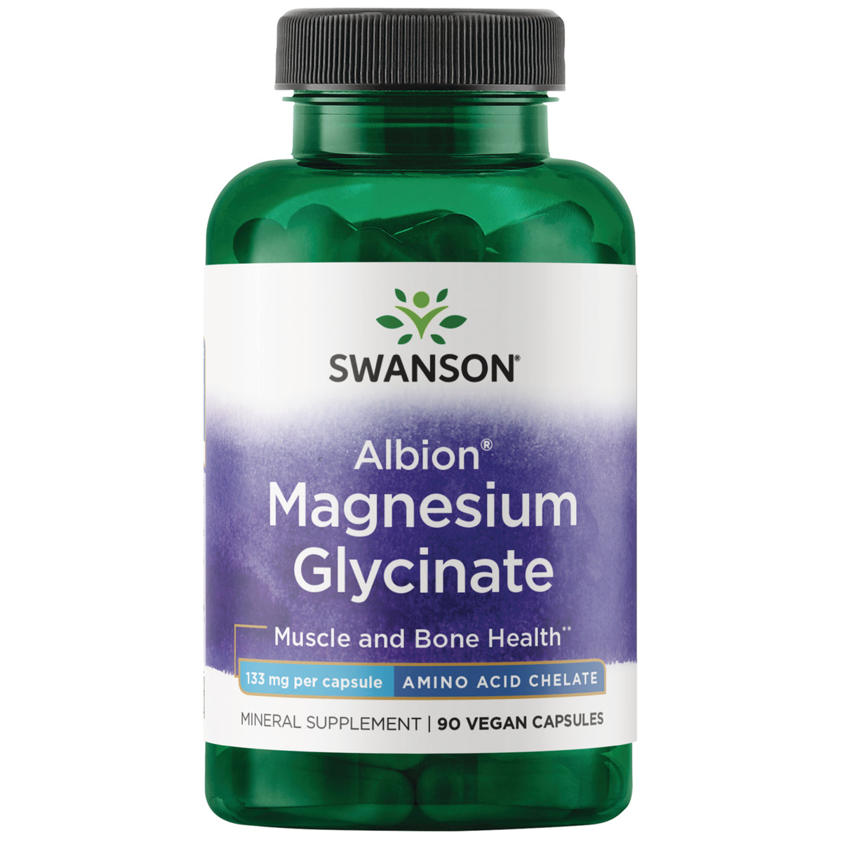 SWU073 | Four green bottles of SWANSON Albion Magnesium Glycinate supplement, 90 vegan capsules each || SWU073 | Three Swanson Albion Magnesium Glycinate bottles with front label showing 90 vegan capsules || SWU073 | Two green Swanson Albion Magnesium Glycinate bottles, front label showing 133 mg per capsule and 90 vegan capsules
