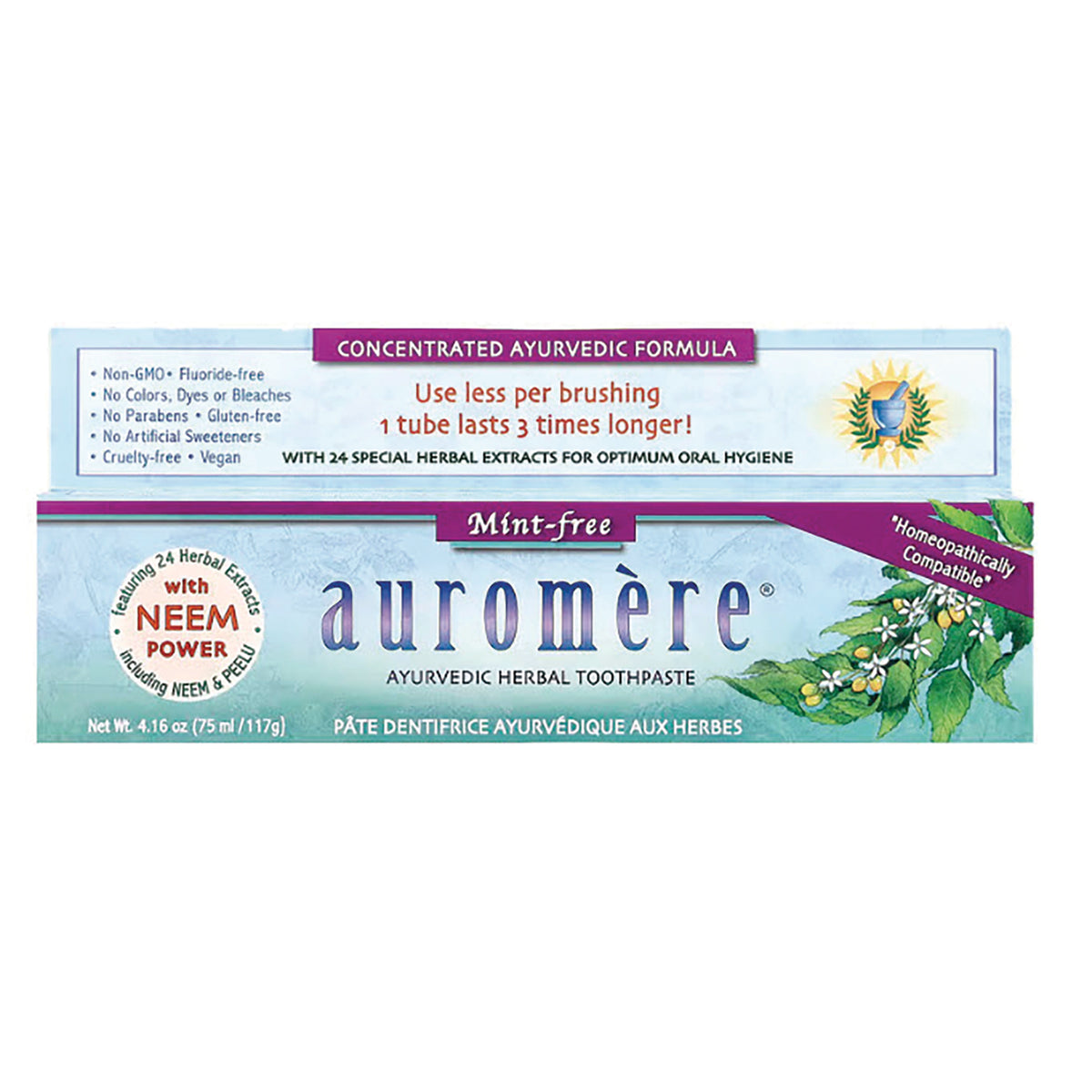 AUR007 | Auromre Ayurvedic herbal toothpaste box, mint-free with NEEM POWER label