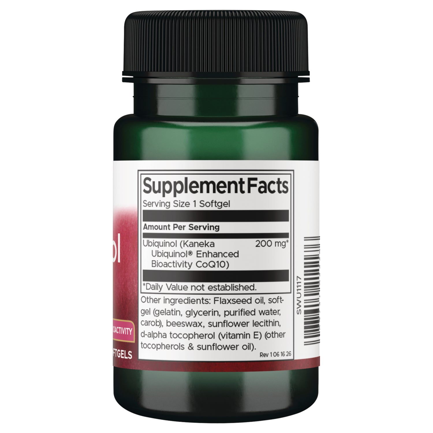 SWU1117 | Supplement facts panel for ubiquinol softgels, 200 mg, with ingredients, use, and warnings