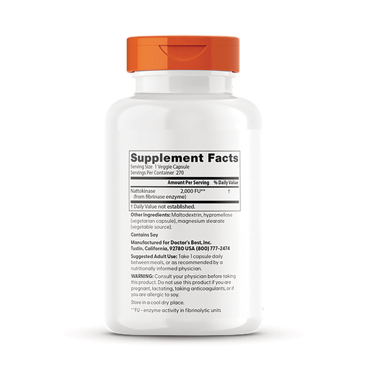 DB174 | white supplement bottle back showing Supplement Facts label and orange cap