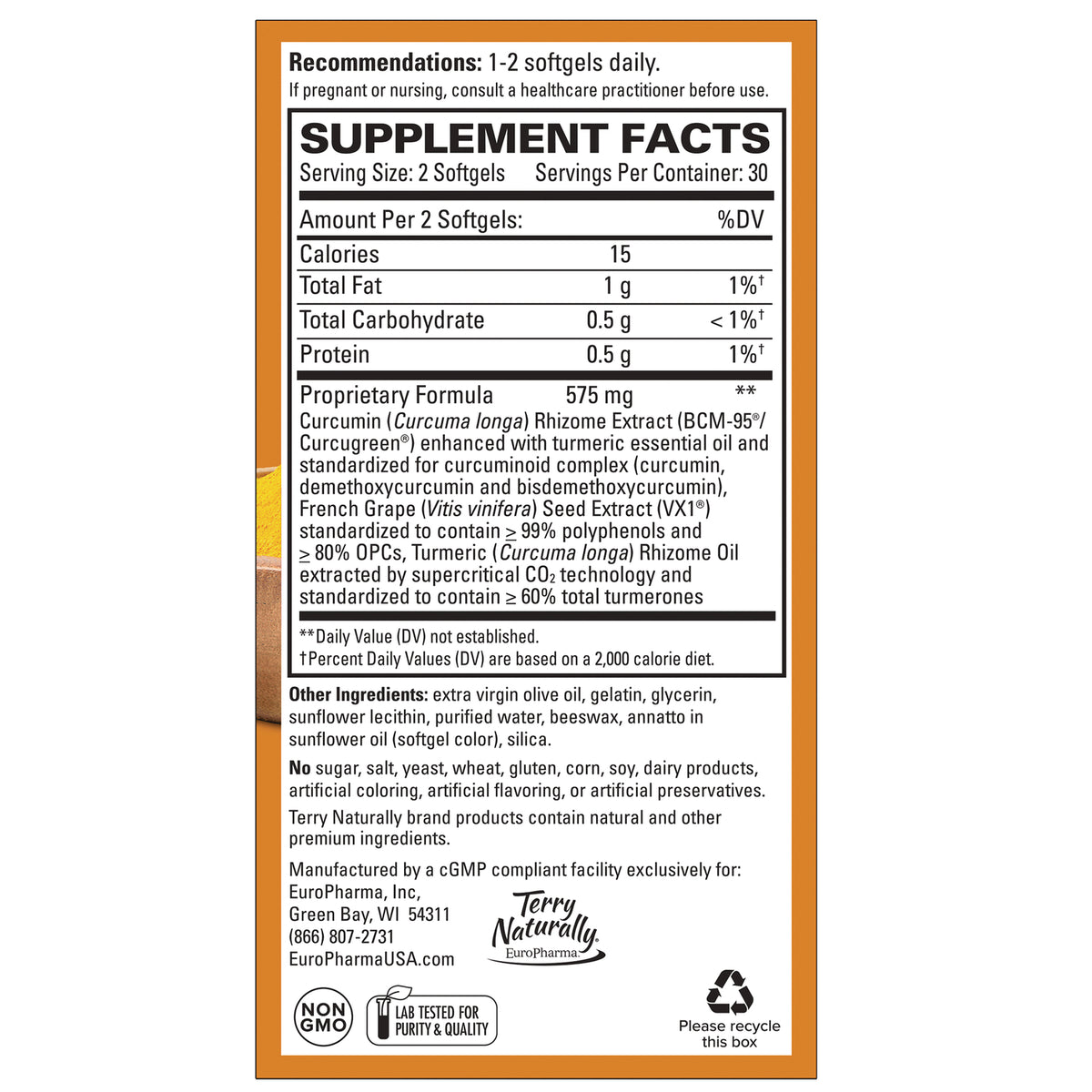 EUR032 | Back label showing Supplement Facts panel, serving size, proprietary formula details and manufacturer information