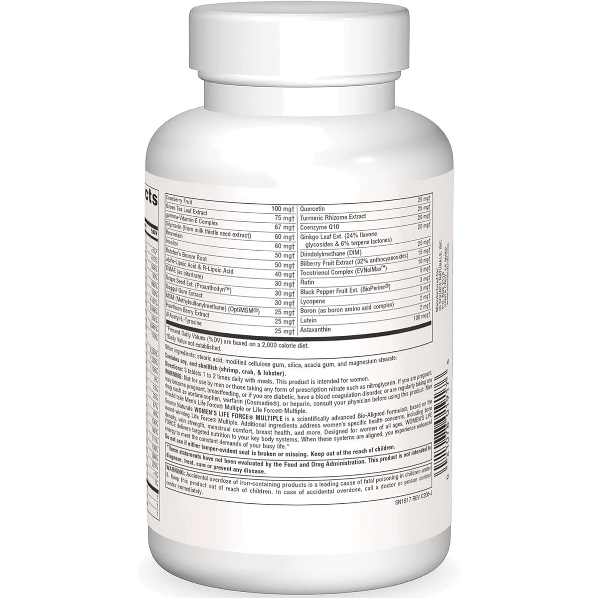 SN632 | Supplement bottle back label with Supplement Facts, ingredients, directions, and warnings